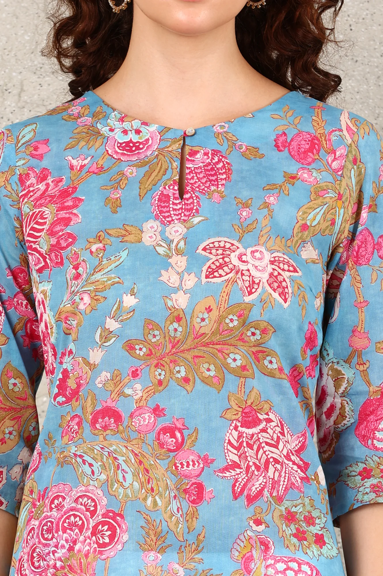 Sky Blue Floral Printed Pure Cotton Straight Kurta - Image 3