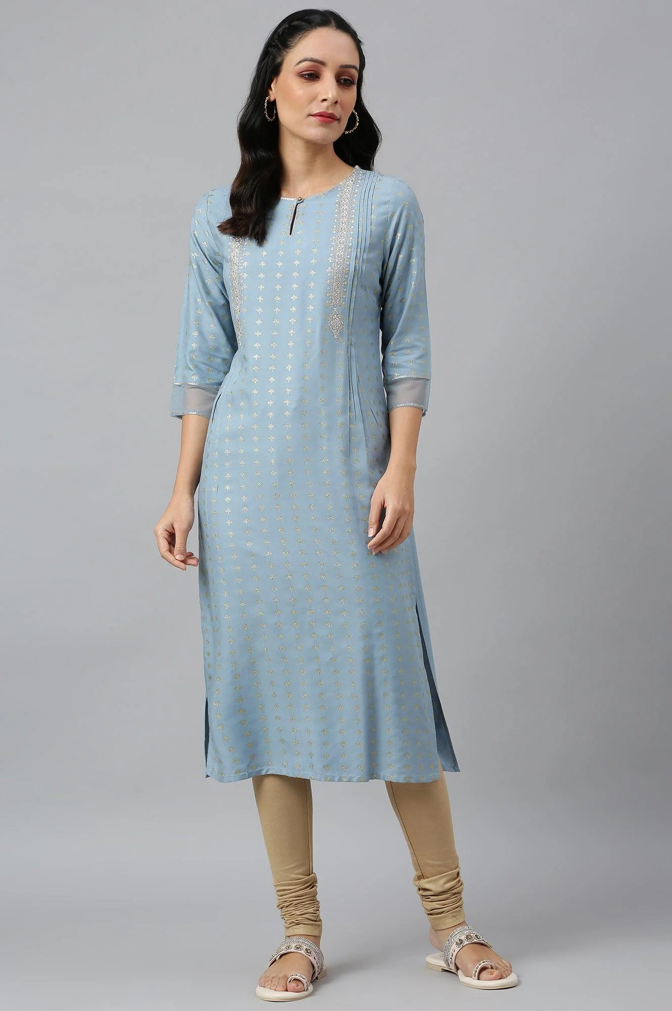 Sky Blue Glitter Printed kurta With Metallic Embroidery - Image 5