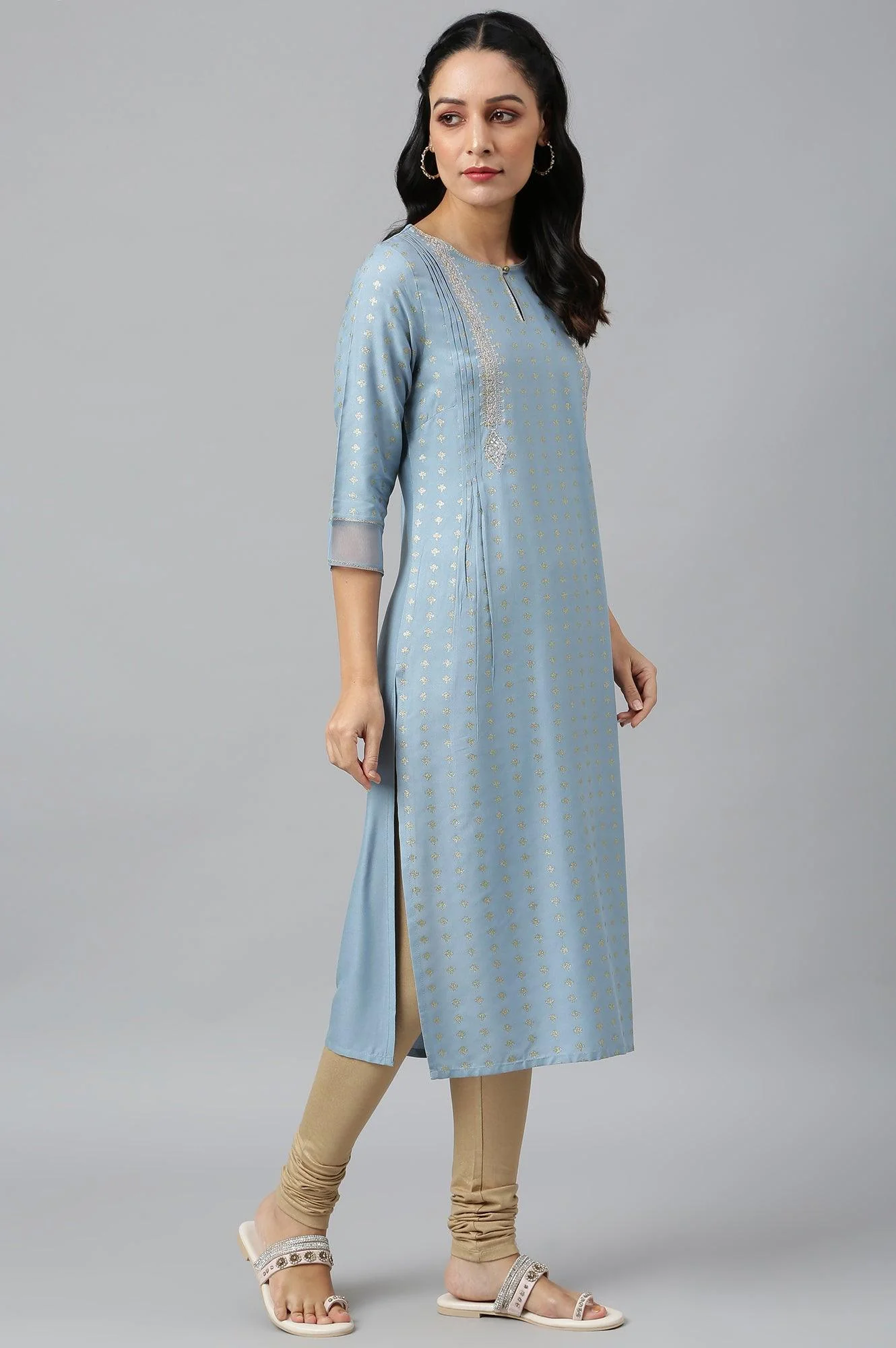 Sky Blue Glitter Printed kurta With Metallic Embroidery - Image 6