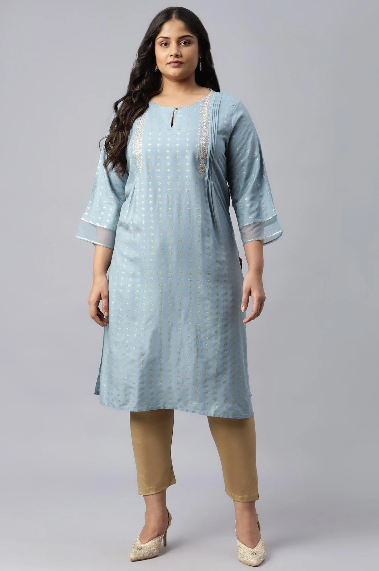 Sky Blue Glitter Printed Plus Size kurta With Metallic Embroidery