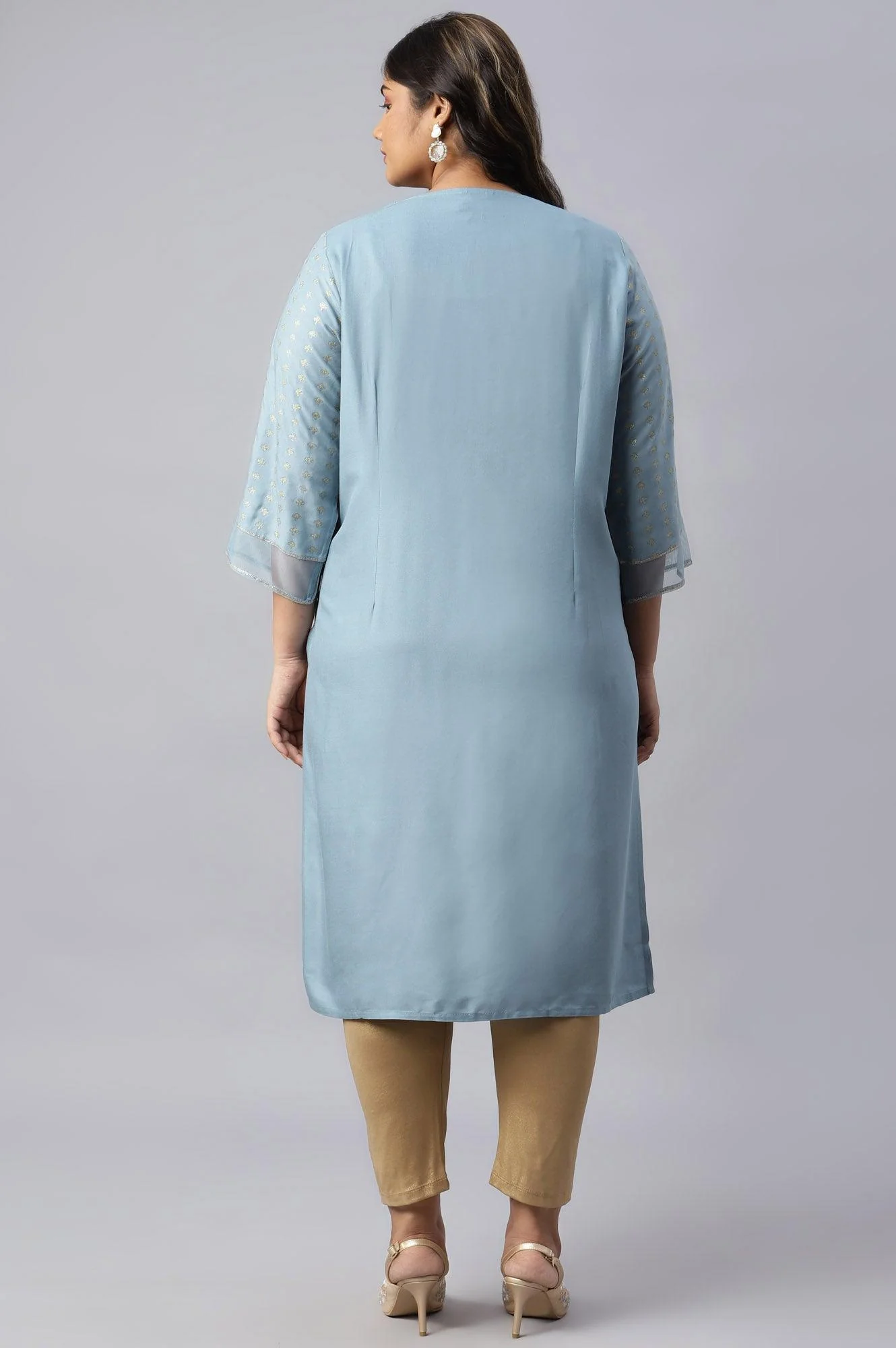 Sky Blue Glitter Printed Plus Size kurta With Metallic Embroidery - Image 2