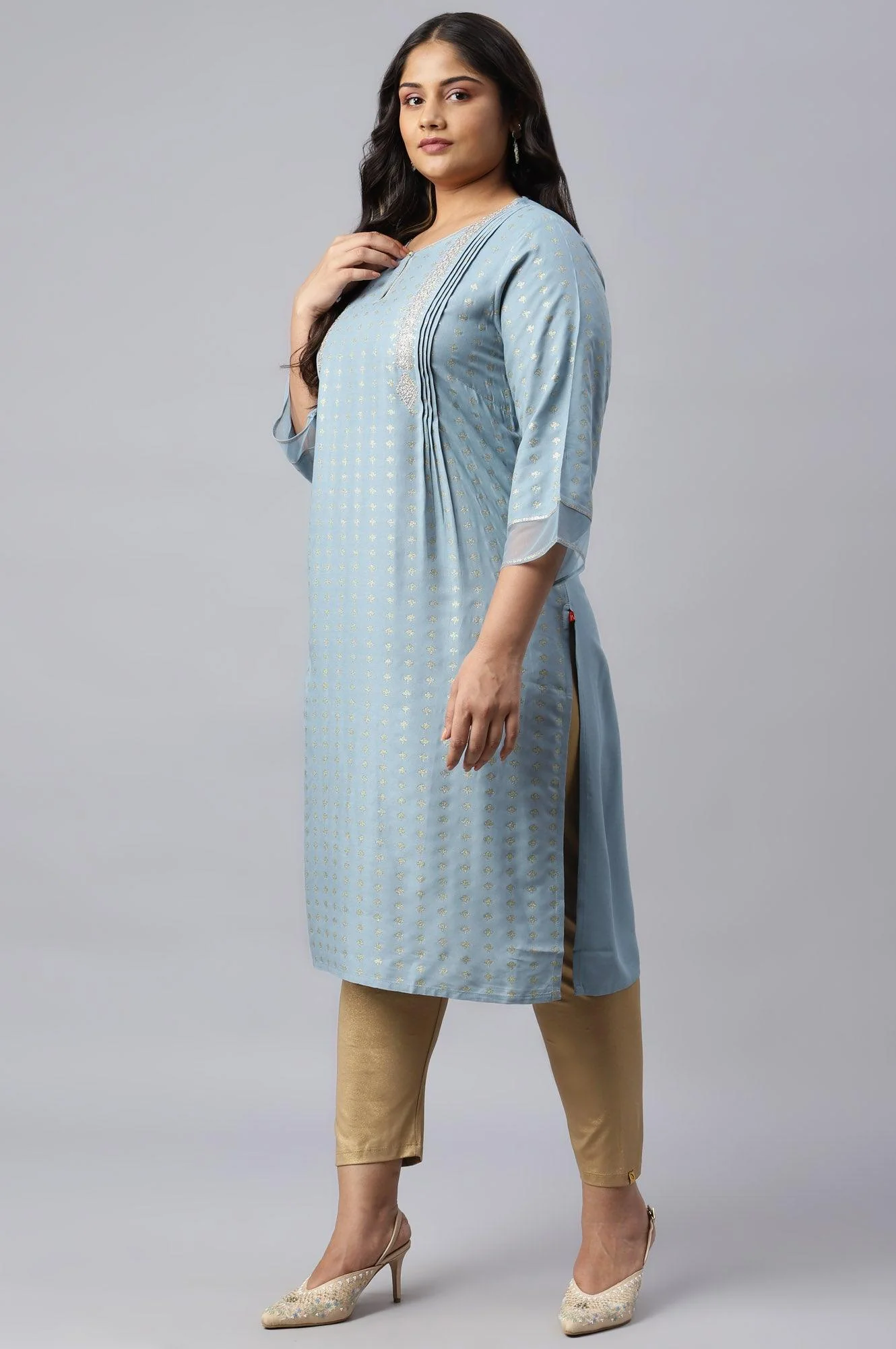 Sky Blue Glitter Printed Plus Size kurta With Metallic Embroidery - Image 3