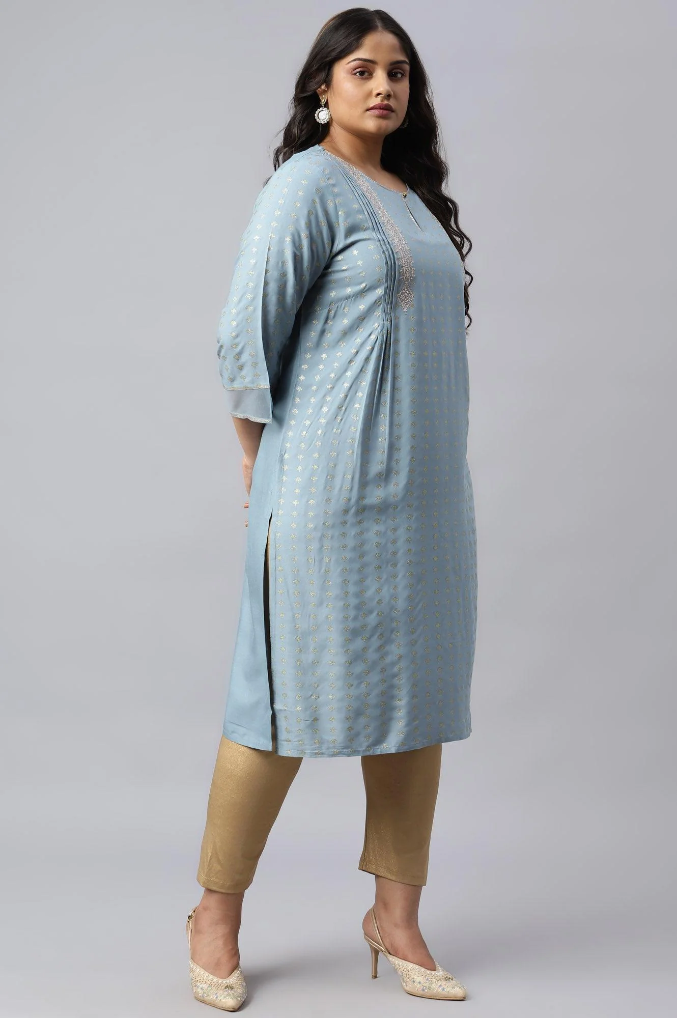 Sky Blue Glitter Printed Plus Size kurta With Metallic Embroidery - Image 4
