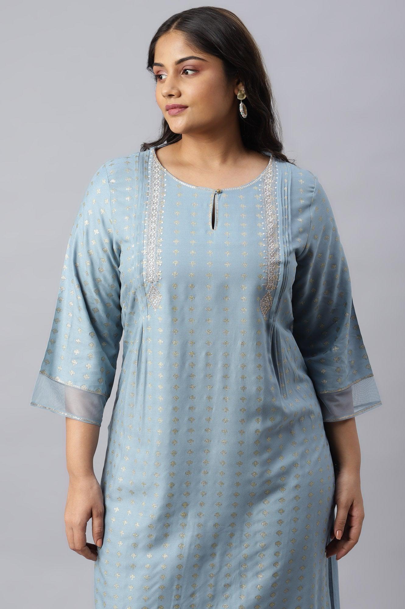 Sky Blue Glitter Printed Plus Size kurta With Metallic Embroidery - Image 5