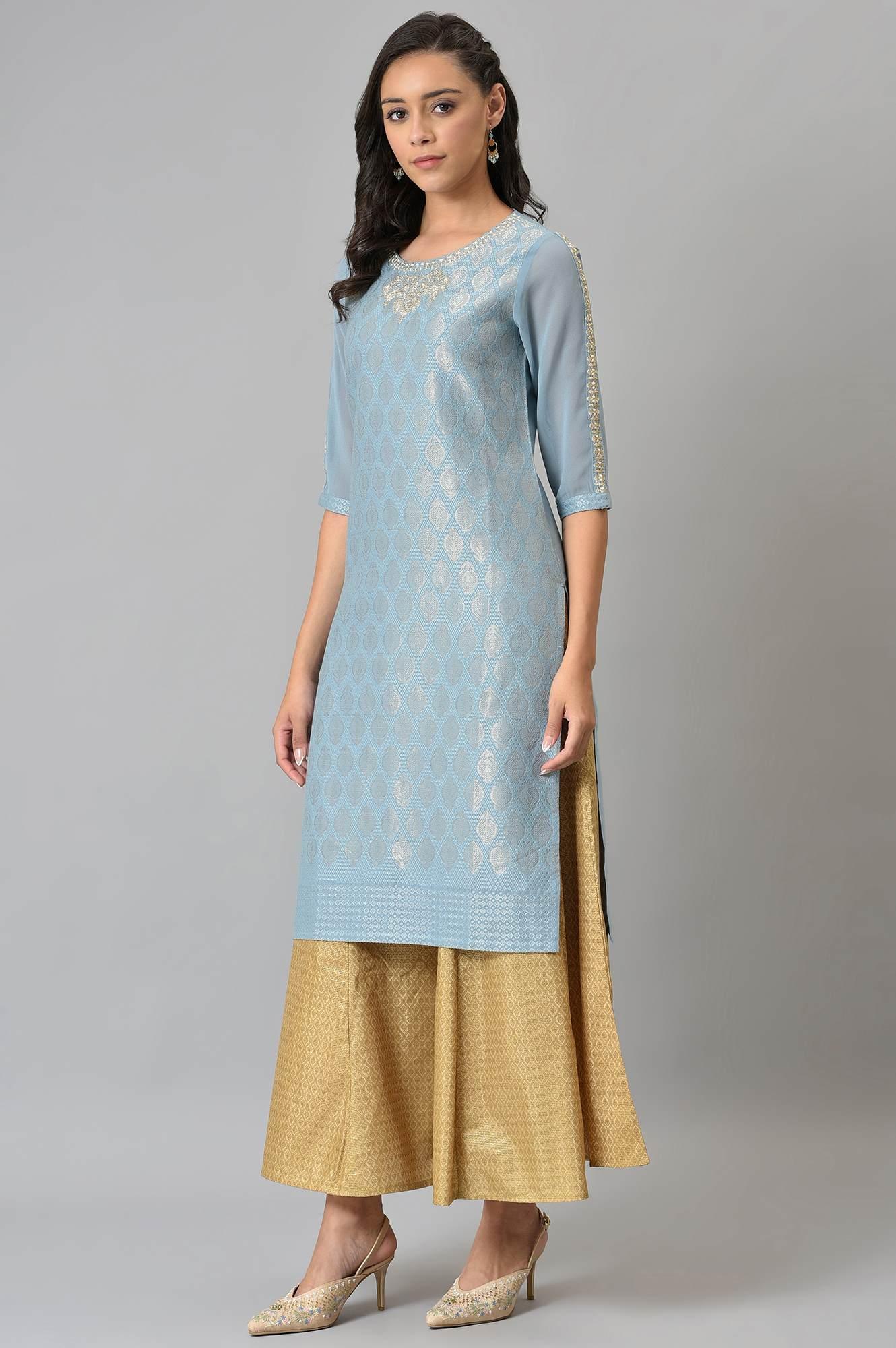 Sky Blue Jacquard kurta With Embroidery - Image 3