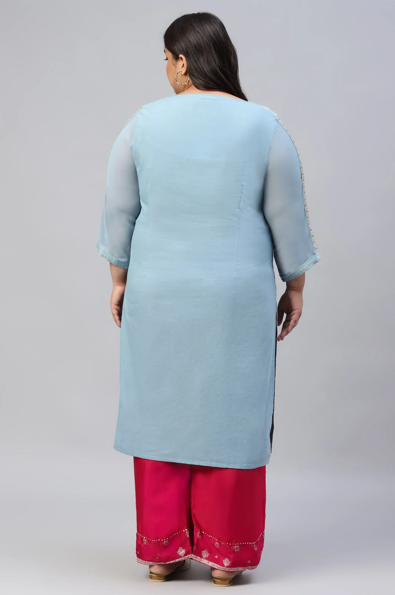 Sky Blue Jacquard Plus Size kurta With Embroidery - Image 2