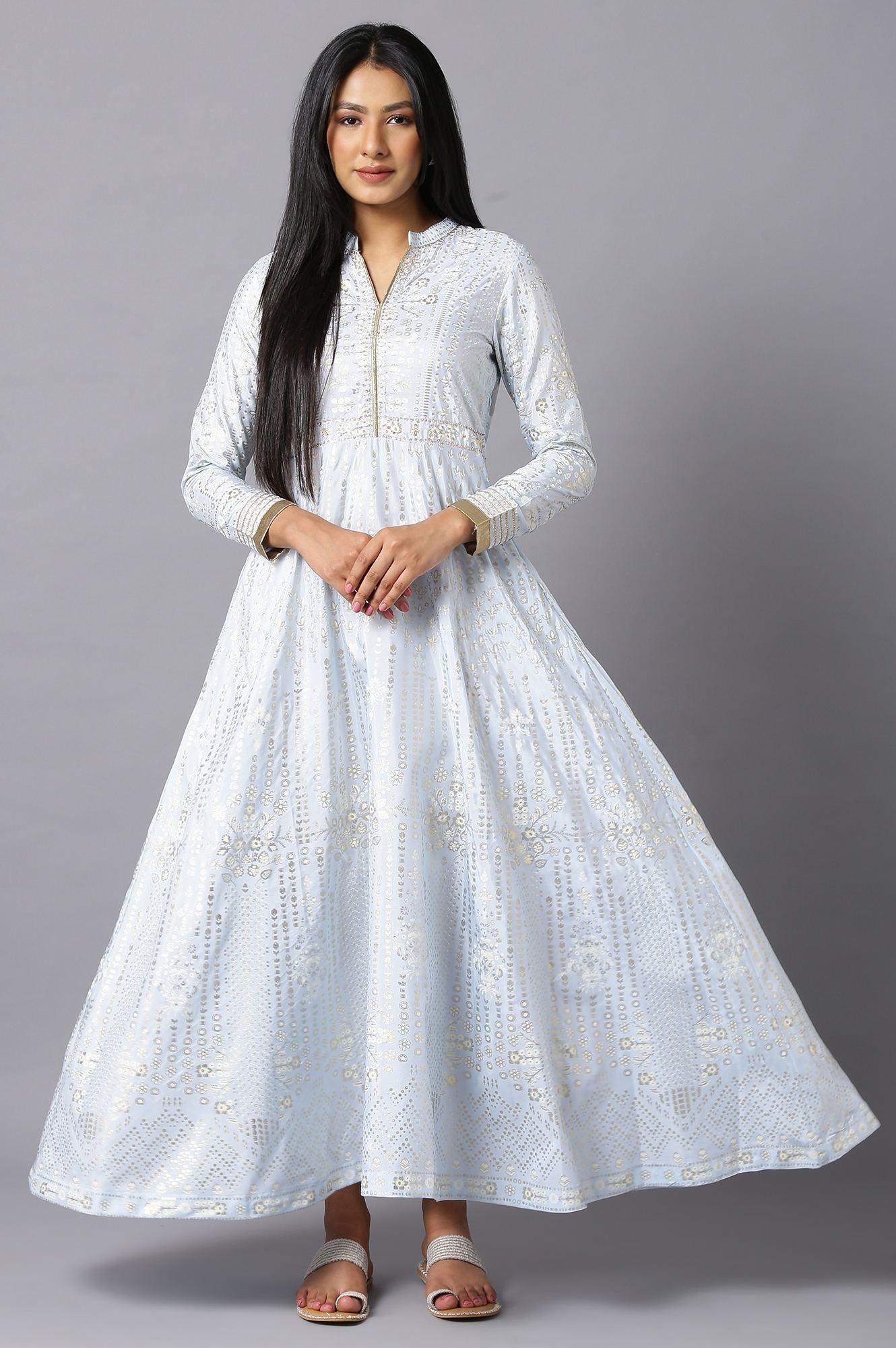 Sky Blue Cotton Flared Placement-Print Midi Dress