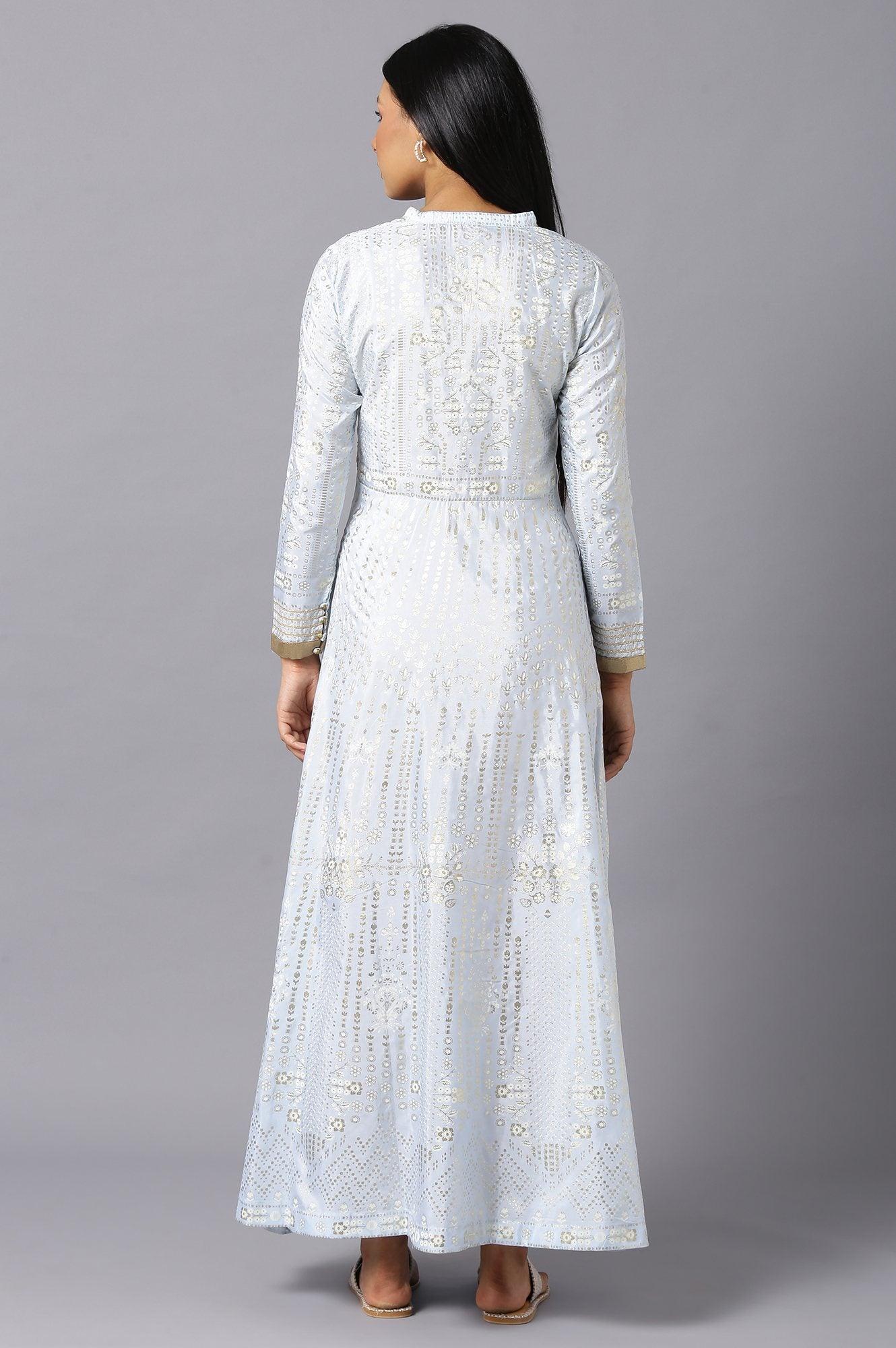 Sky Blue Cotton Flared Placement-Print Midi Dress - Image 2