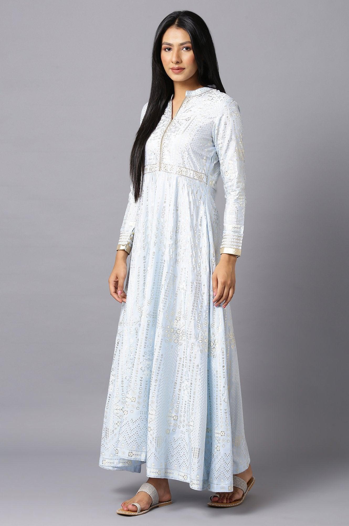 Sky Blue Cotton Flared Placement-Print Midi Dress - Image 3