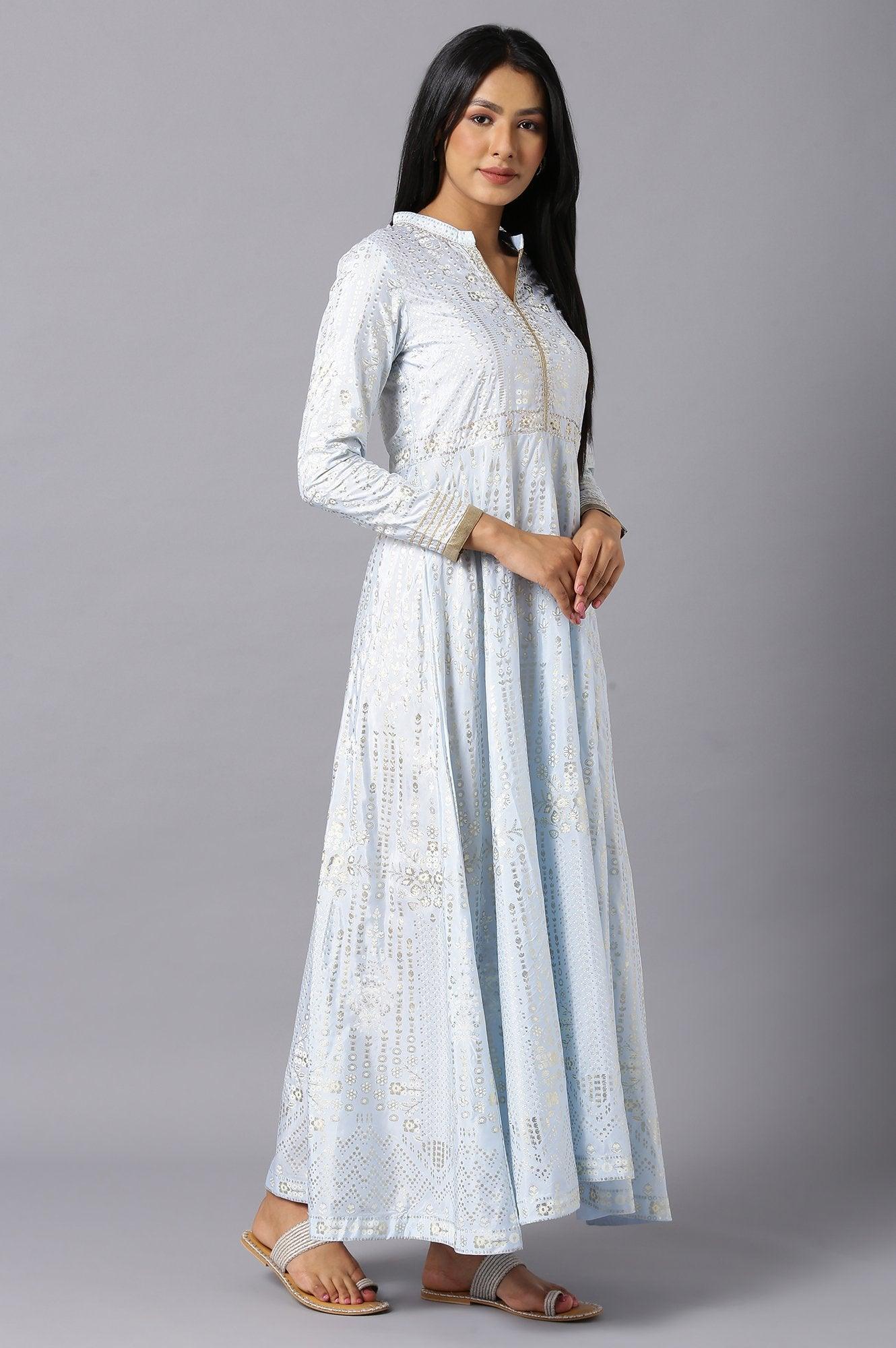 Sky Blue Cotton Flared Placement-Print Midi Dress - Image 4