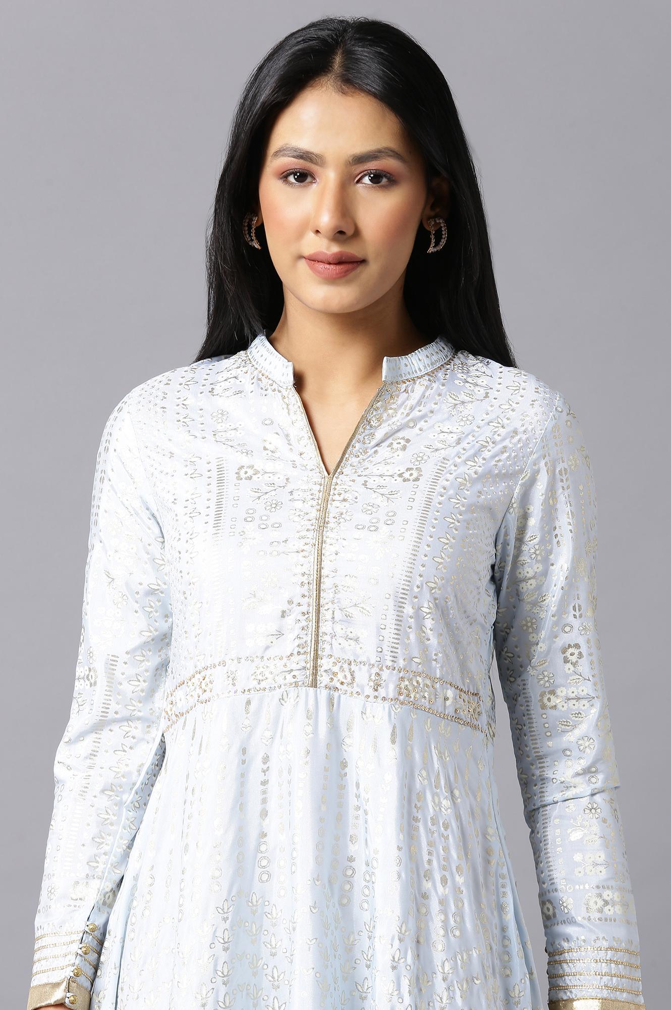 Sky Blue Cotton Flared Placement-Print Midi Dress - Image 5