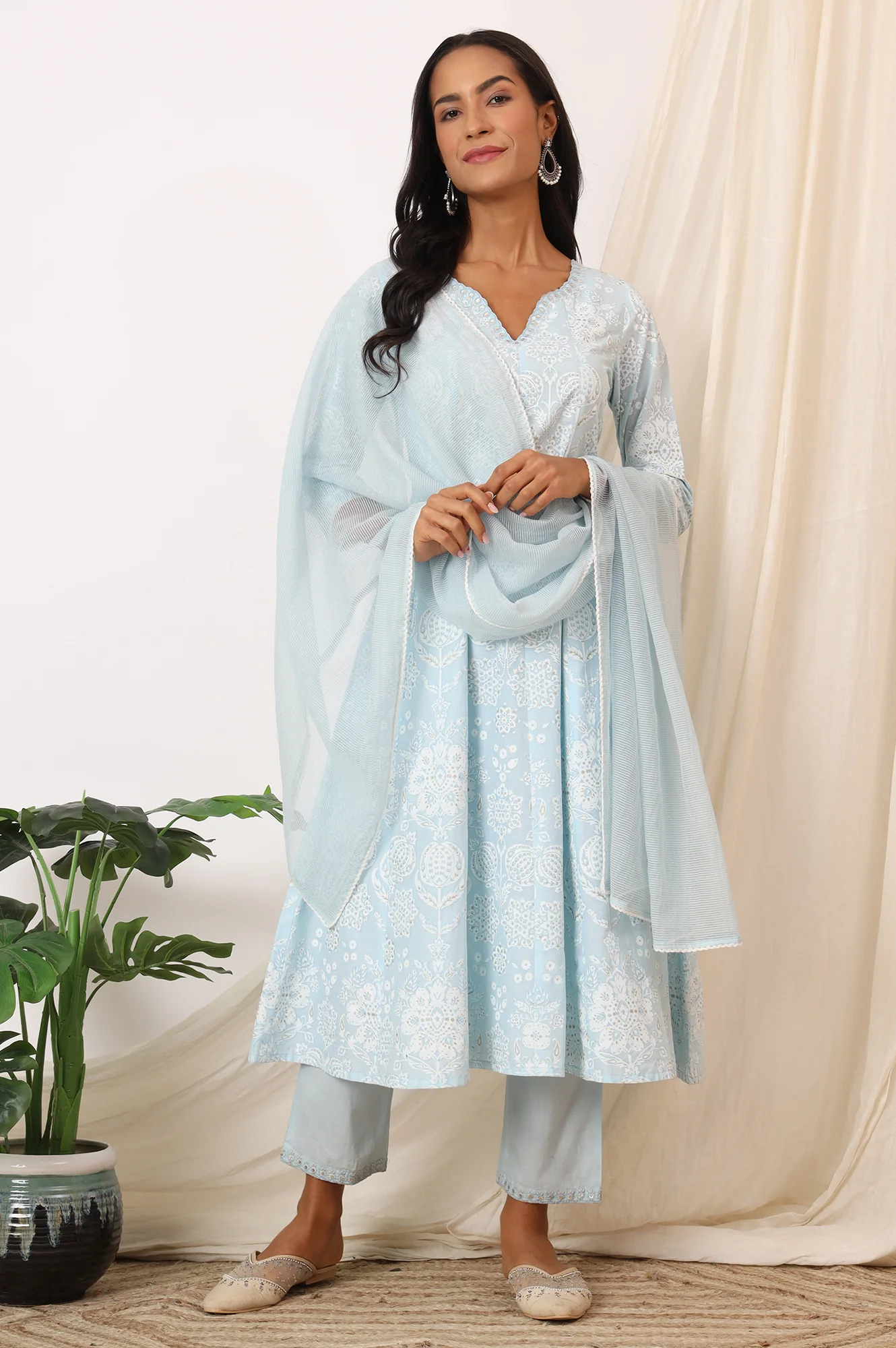 Sky Blue Printed Pure Cotton Anarkali Kurta, Pants and Dupatta Set - Image 2