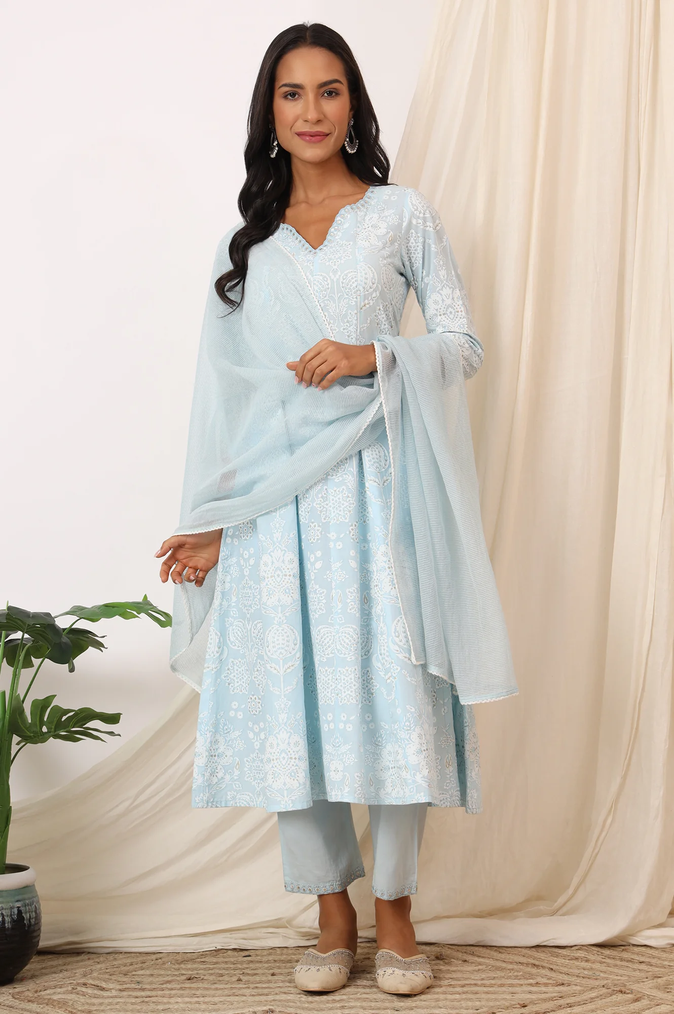 Sky Blue Printed Pure Cotton Anarkali Kurta, Pants and Dupatta Set - Image 3