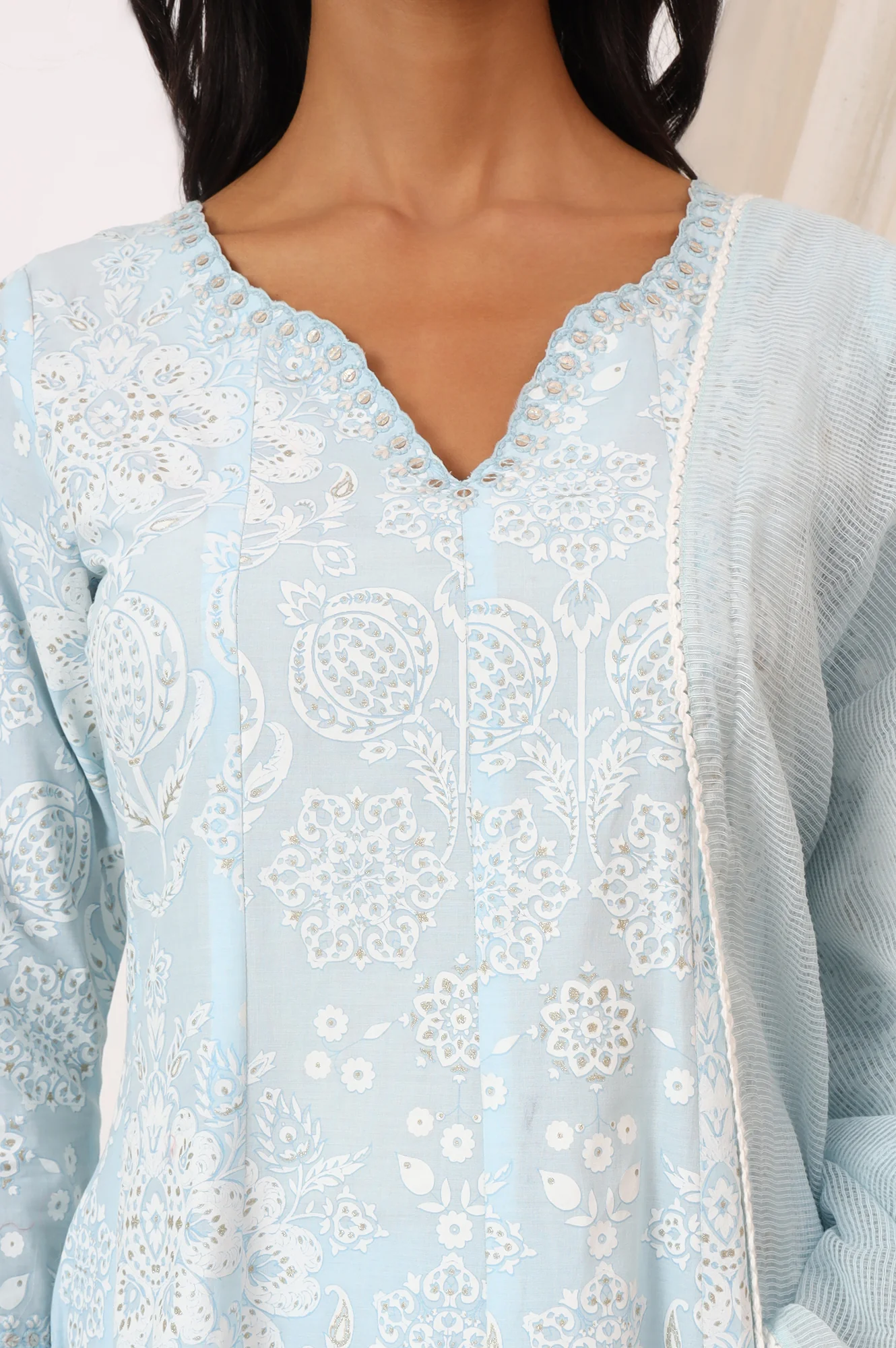Sky Blue Printed Pure Cotton Anarkali Kurta, Pants and Dupatta Set - Image 4