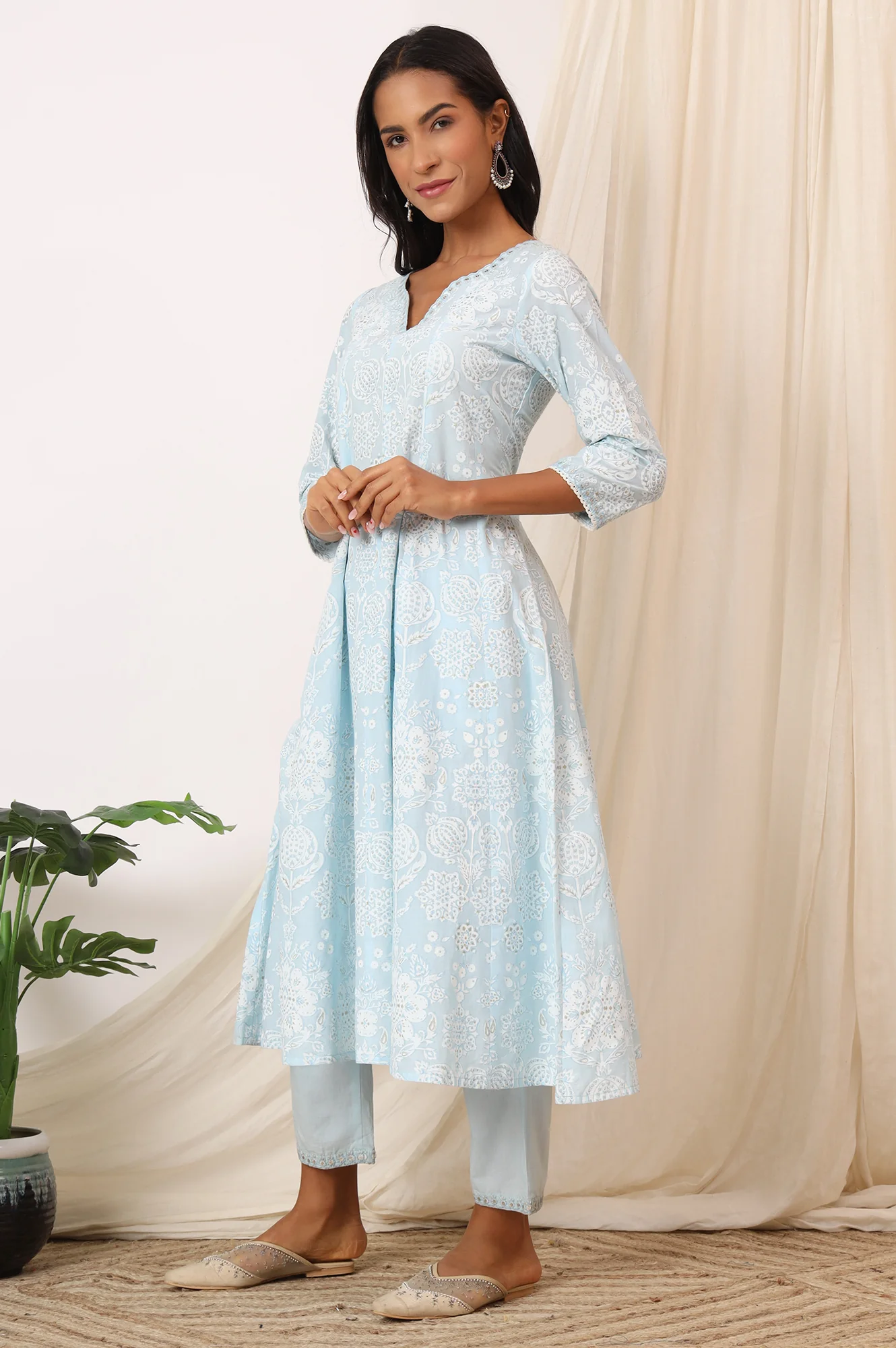 Sky Blue Printed Pure Cotton Anarkali Kurta, Pants and Dupatta Set - Image 5