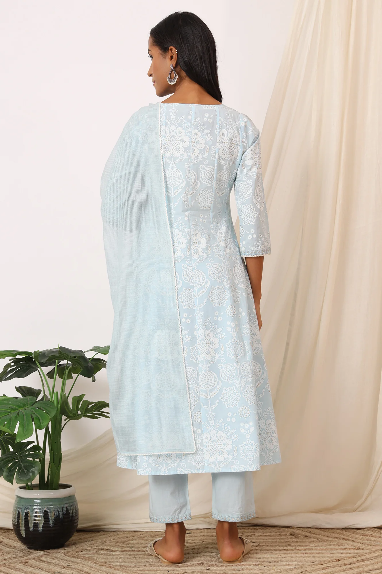Sky Blue Printed Pure Cotton Anarkali Kurta, Pants and Dupatta Set - Image 6