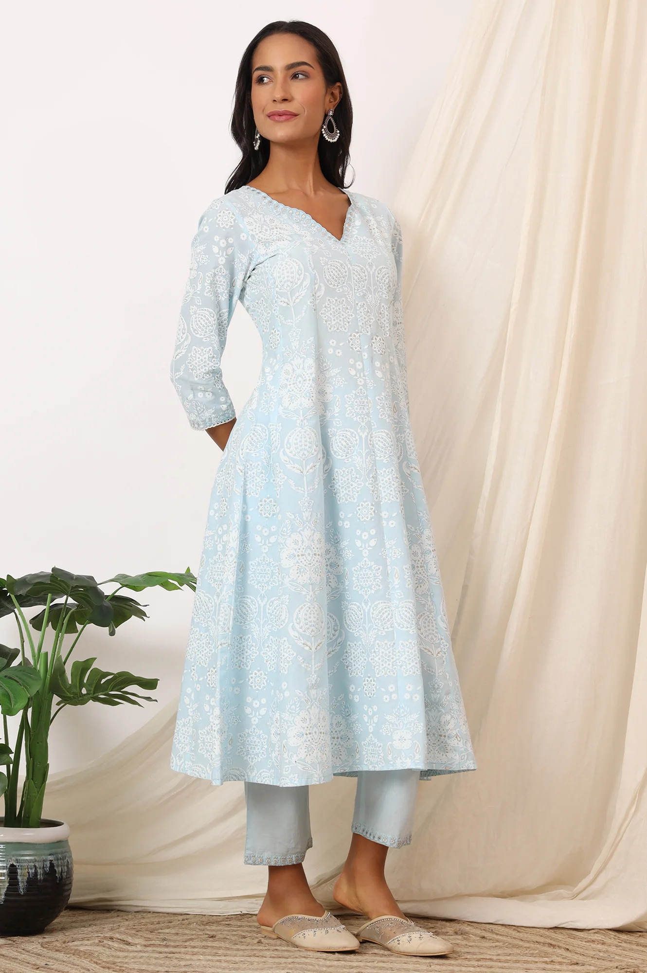 Sky Blue Printed Pure Cotton Anarkali Kurta, Pants and Dupatta Set - Image 7