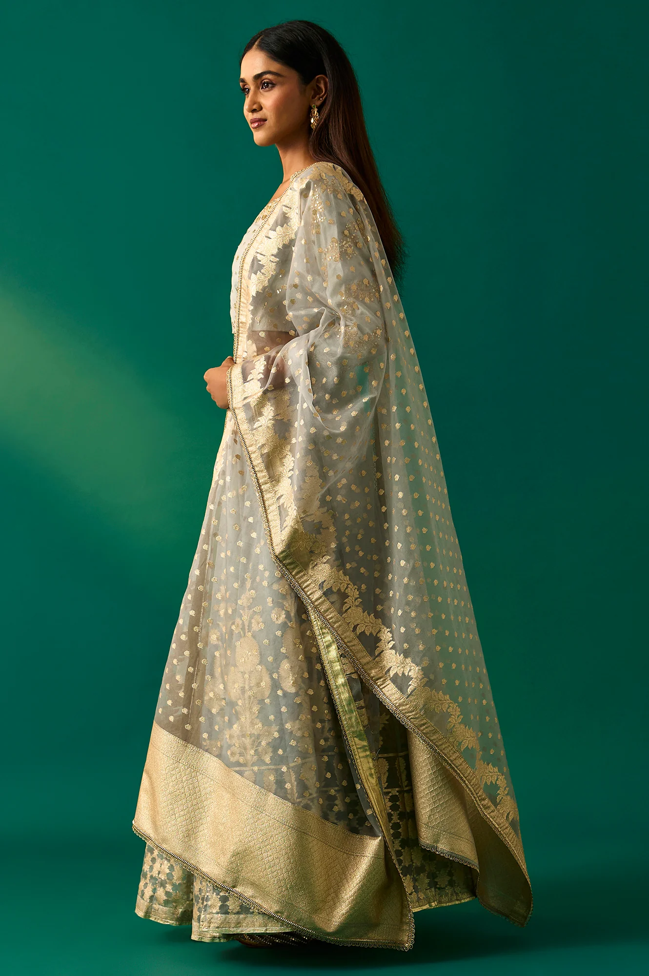 Sky Blue Solid Printed Chandari Silk Flared Blouse, Skirt and Dupatta Set - Image 4