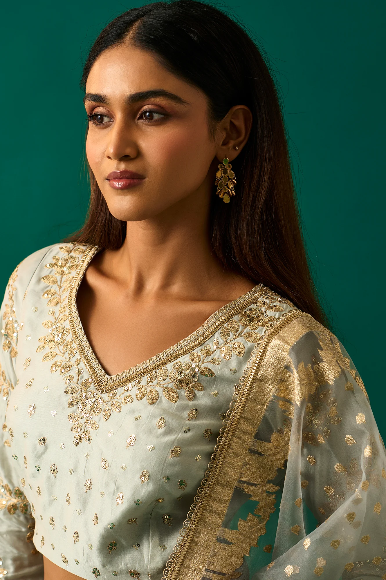 Sky Blue Solid Printed Chandari Silk Flared Blouse, Skirt and Dupatta Set - Image 5