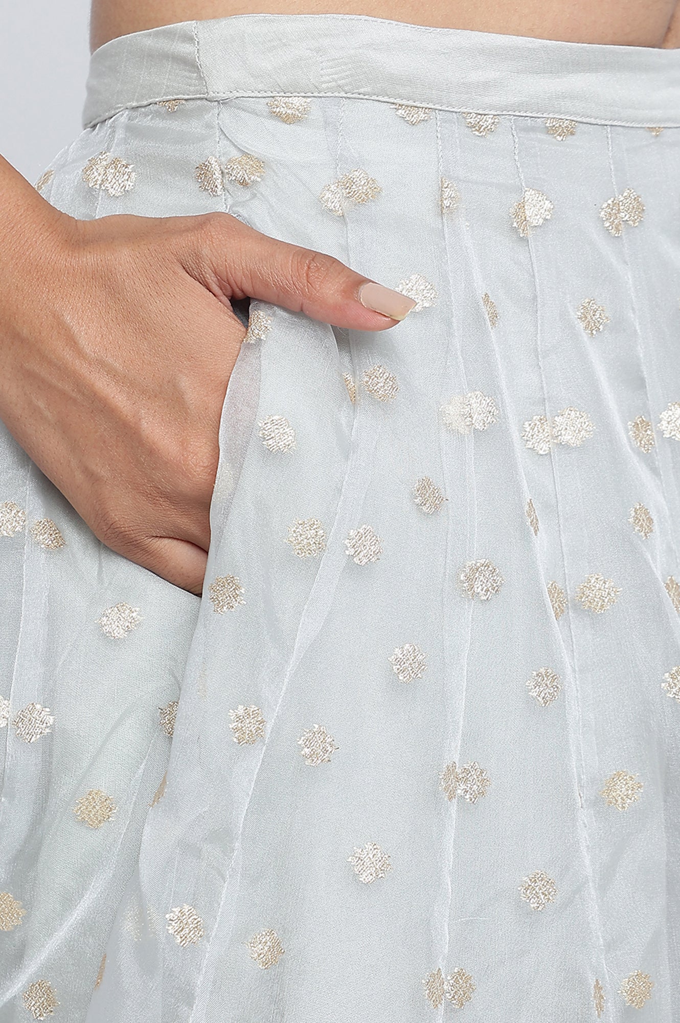 Sky Blue Solid Printed Chandari Silk Flared Blouse, Skirt and Dupatta Set - Image 6