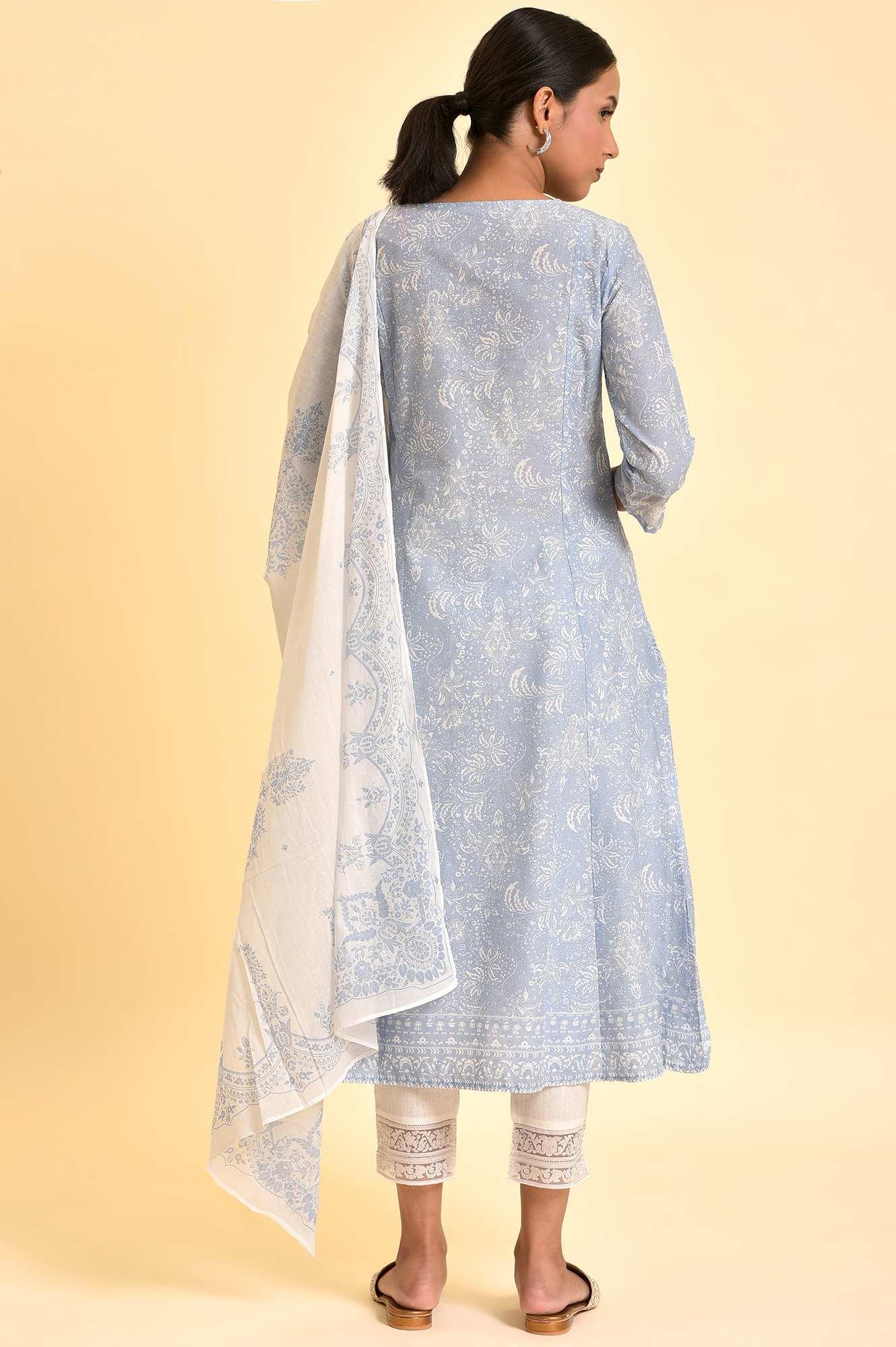 Skyway Blue Printed A-Line Kurta, Pants And Dupatta Set - Image 3