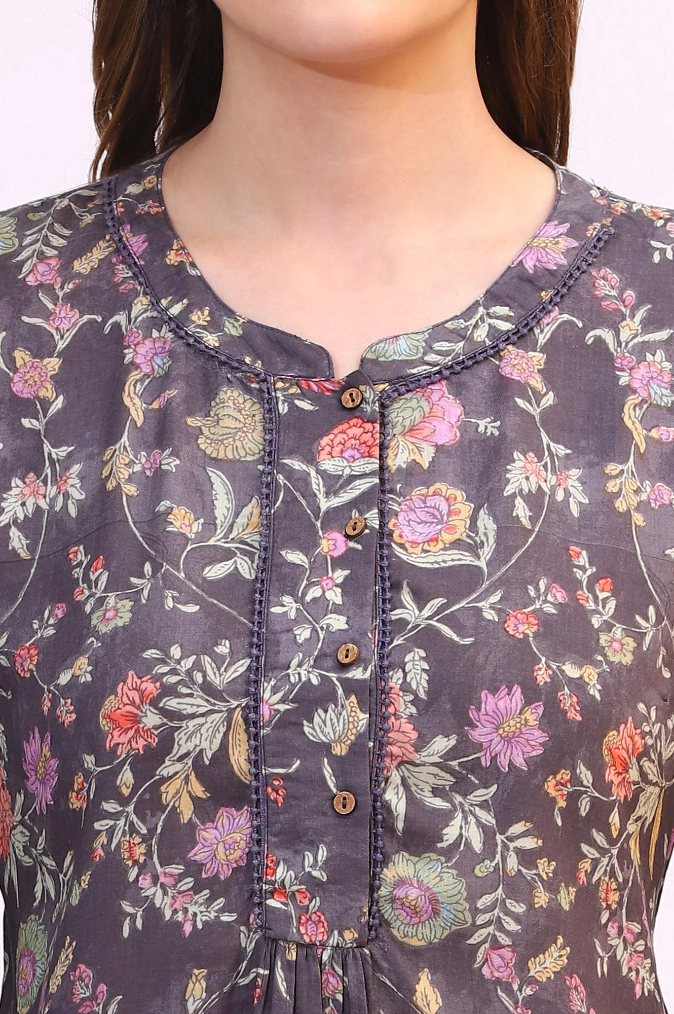 Slate Grey Floral Printed Modal Relaxed Fit Top - Image 4