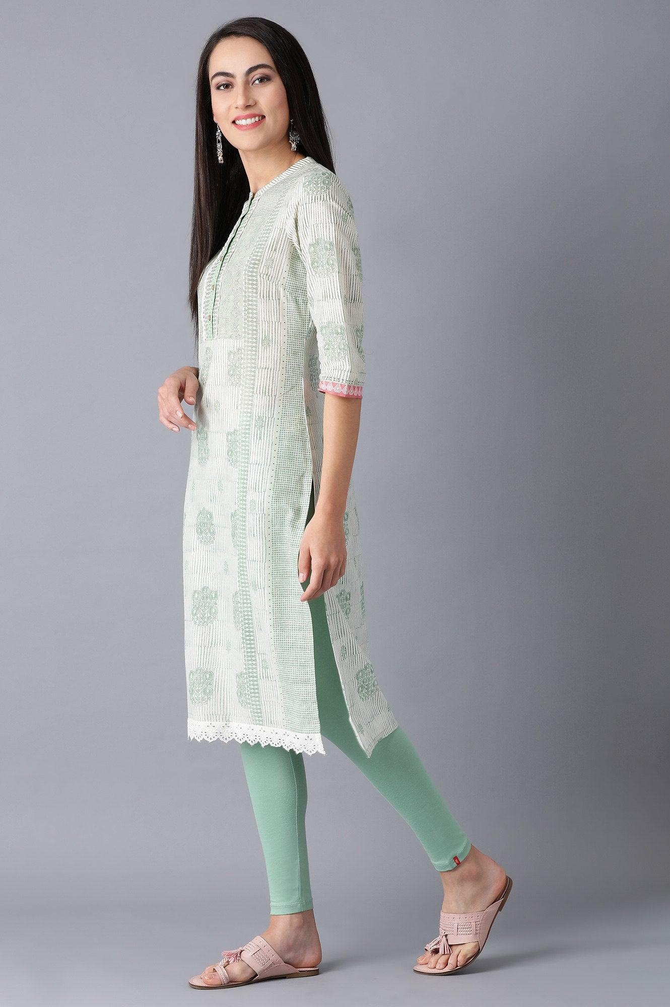 Smoke Green Printed Straight kurta in Mandarin Neck - Image 3
