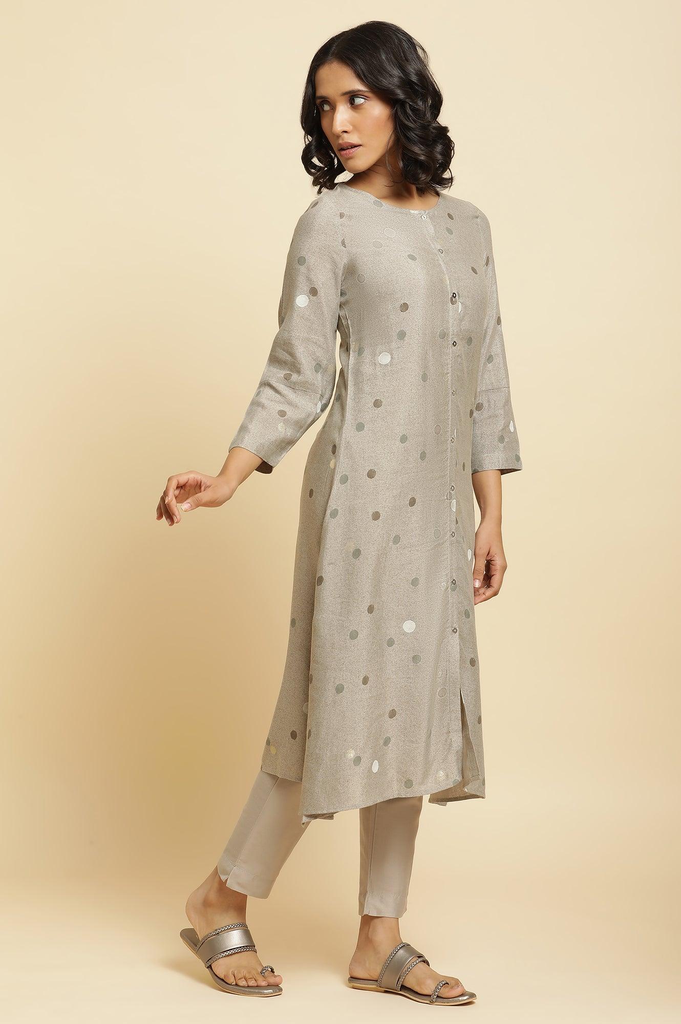 Smoke Grey A-Line Printed Kurta & Pants Set - Image 5