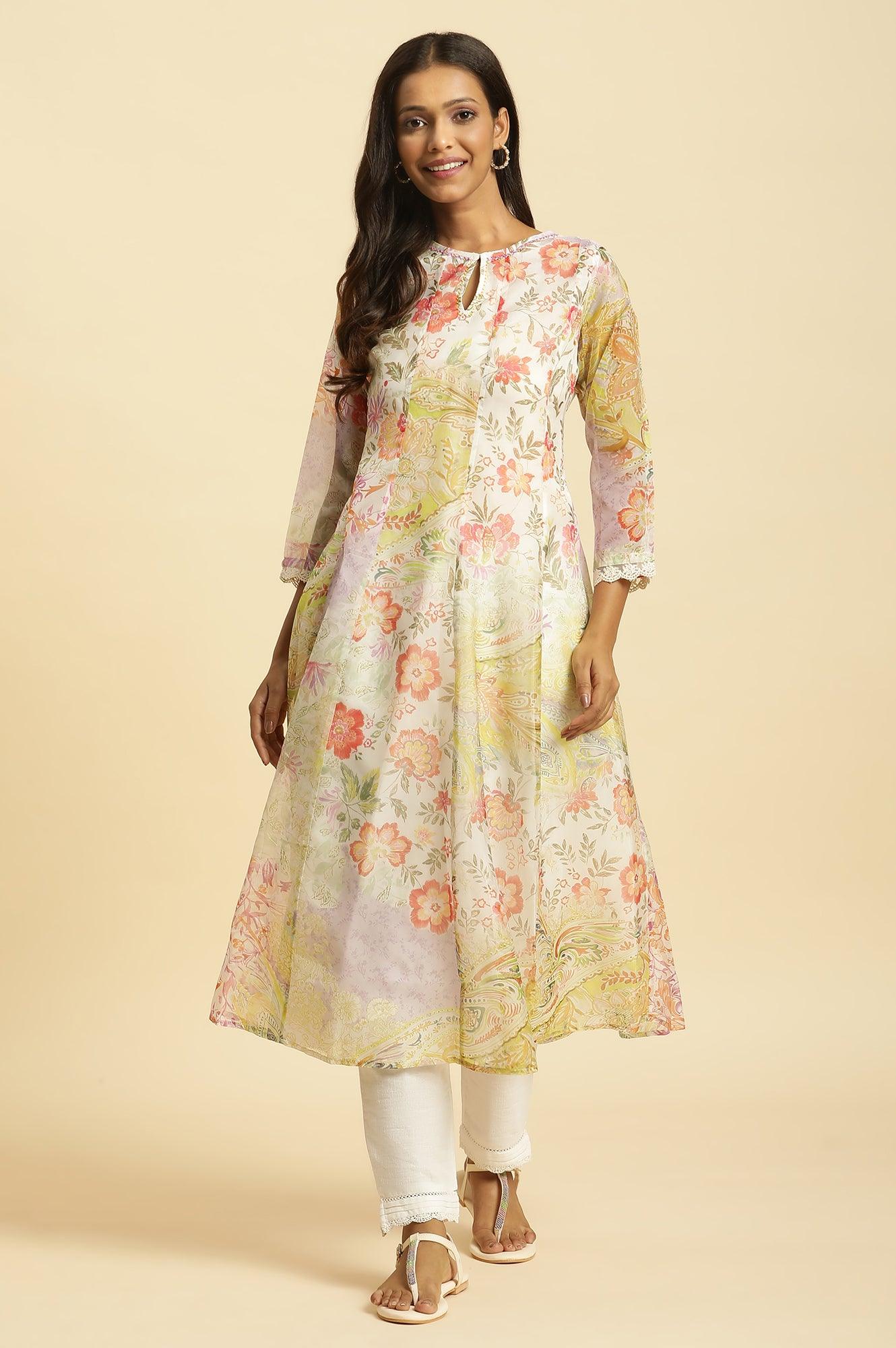 Soft Multi-Coloured Flared Organza Kurta - Image 2