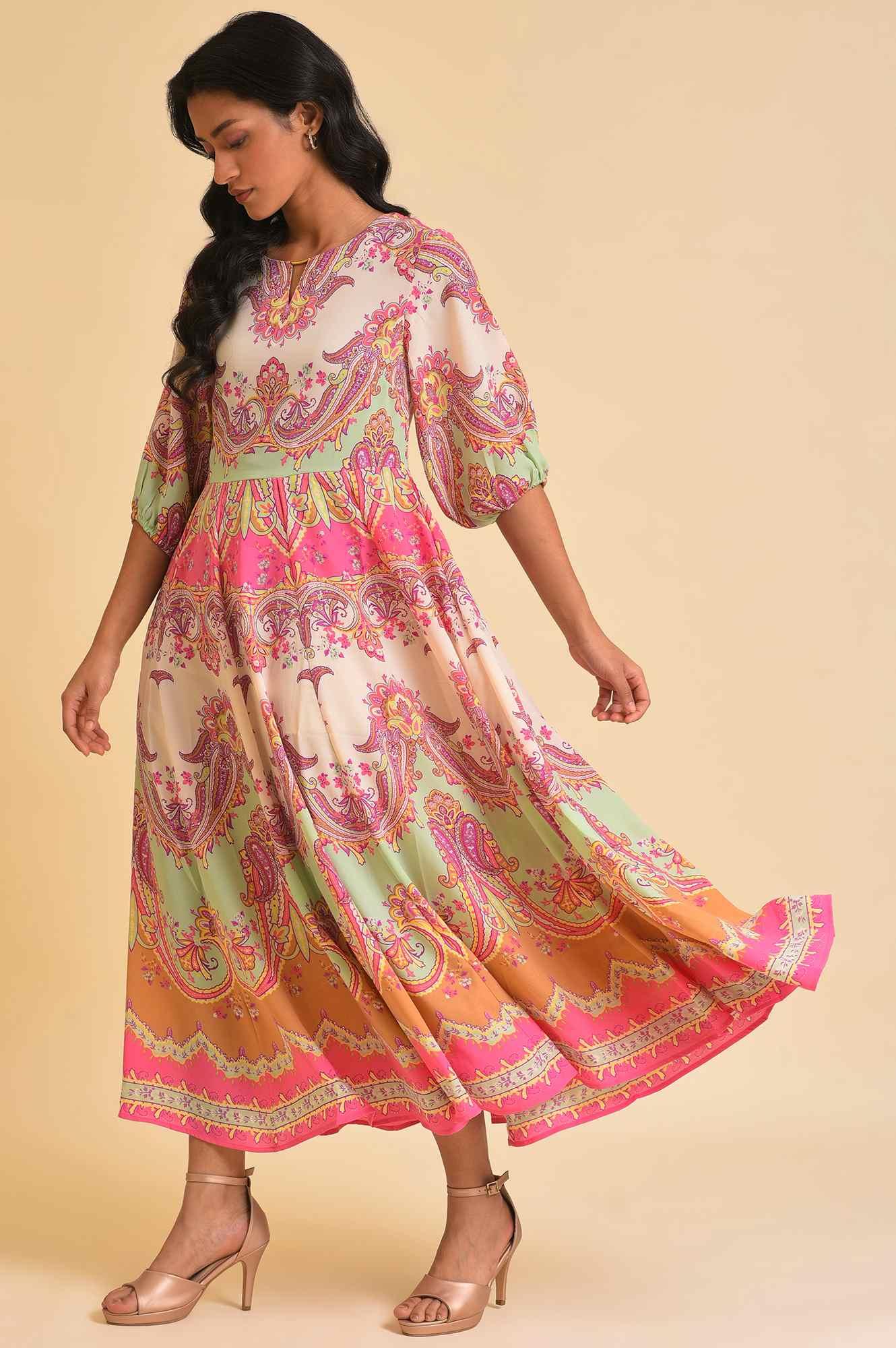 Soft Multi-Coloured Paisley Printed Panelled Dress - Image 3