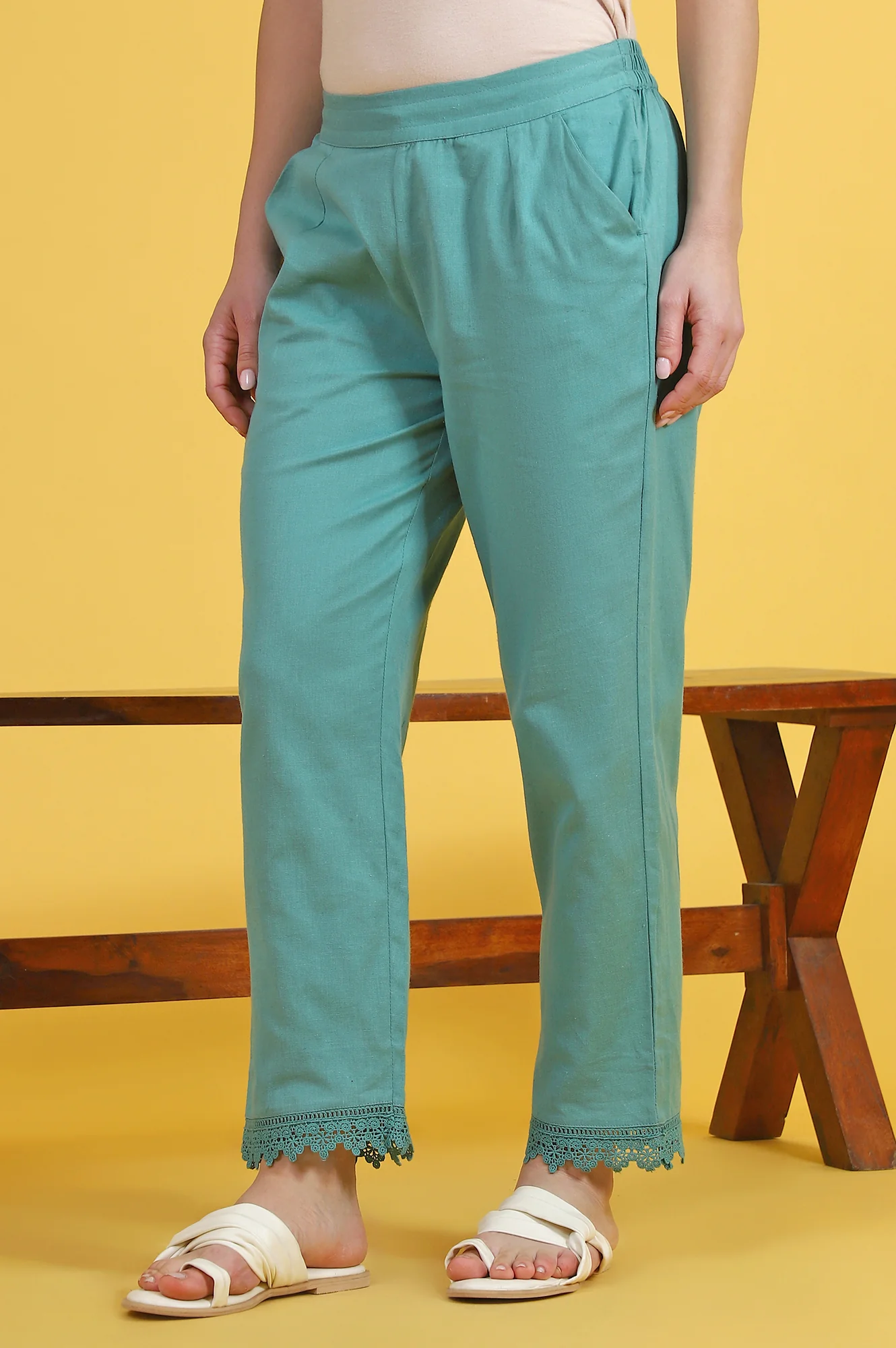 Blue Solid Cotton Flax Straight Pants - Image 4