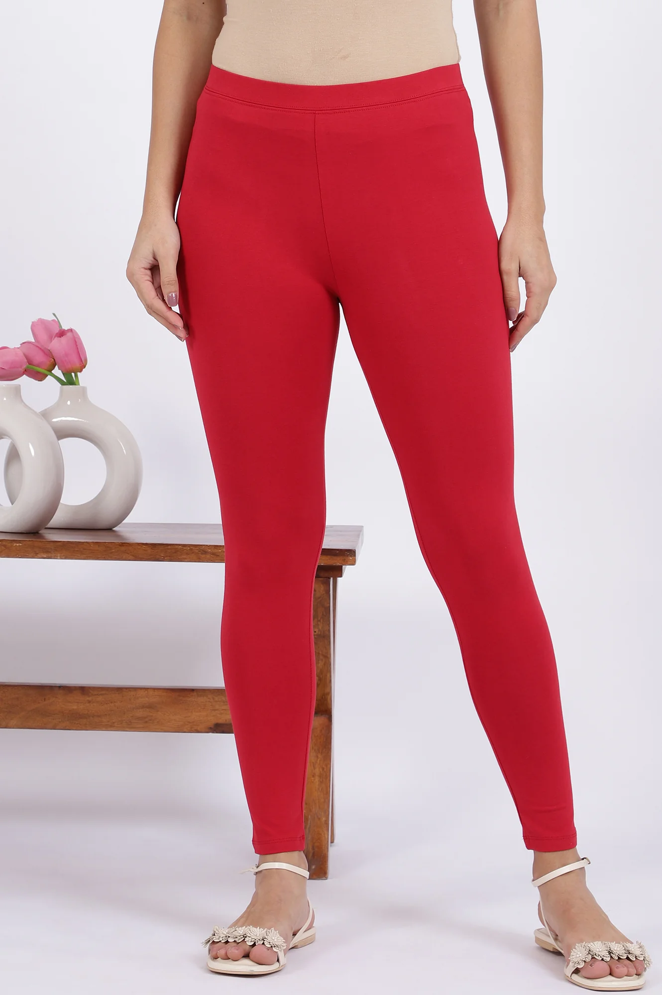 Red Solid Cotton Lycra Tights - Image 2