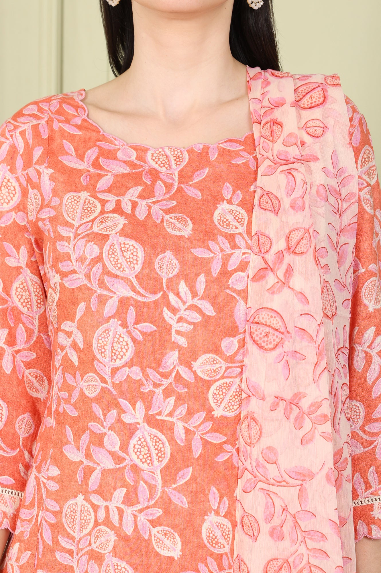 Tangy Orange Floral Printed Breezy Rayon Kurta, Pants Co-Ord Set With Dupatta - Image 3