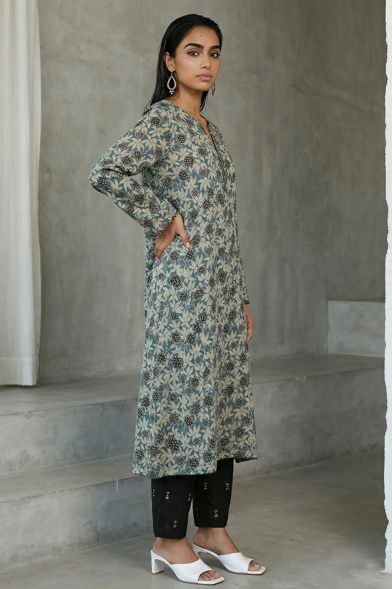Teal Ajrak Printed Tassel Modal Satin Straight Kurta - Image 6