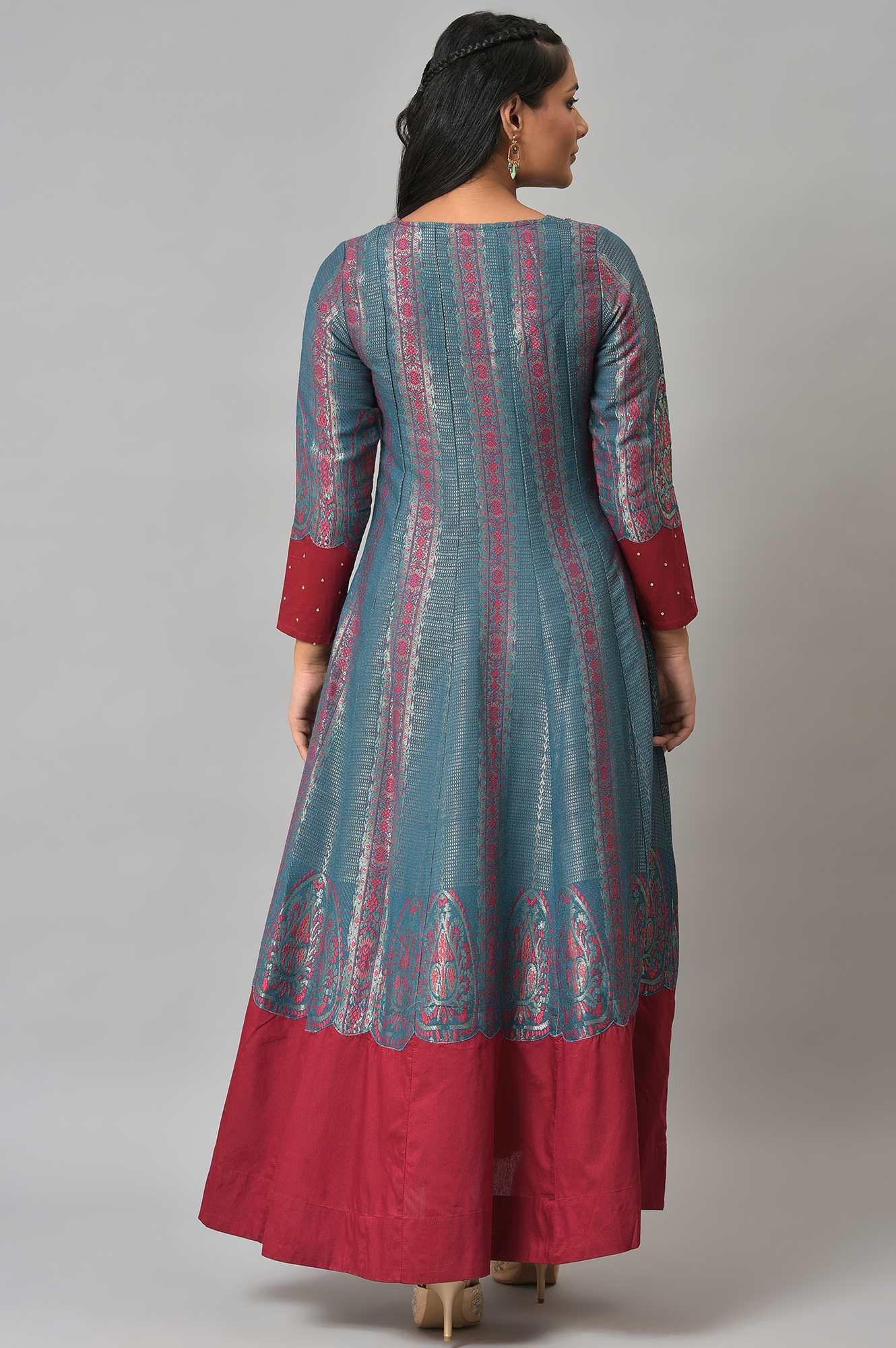 Teal And Pink Panelled Festive Winter Dress - Image 2