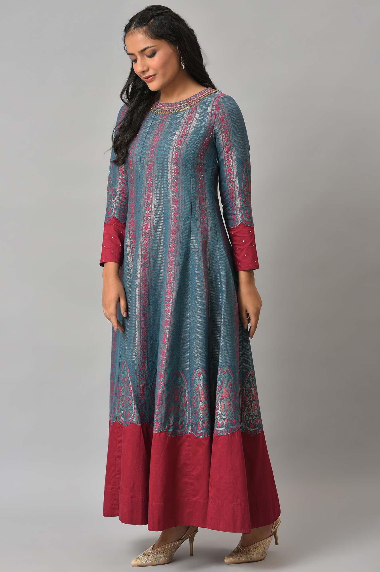 Teal And Pink Panelled Festive Winter Dress - Image 3
