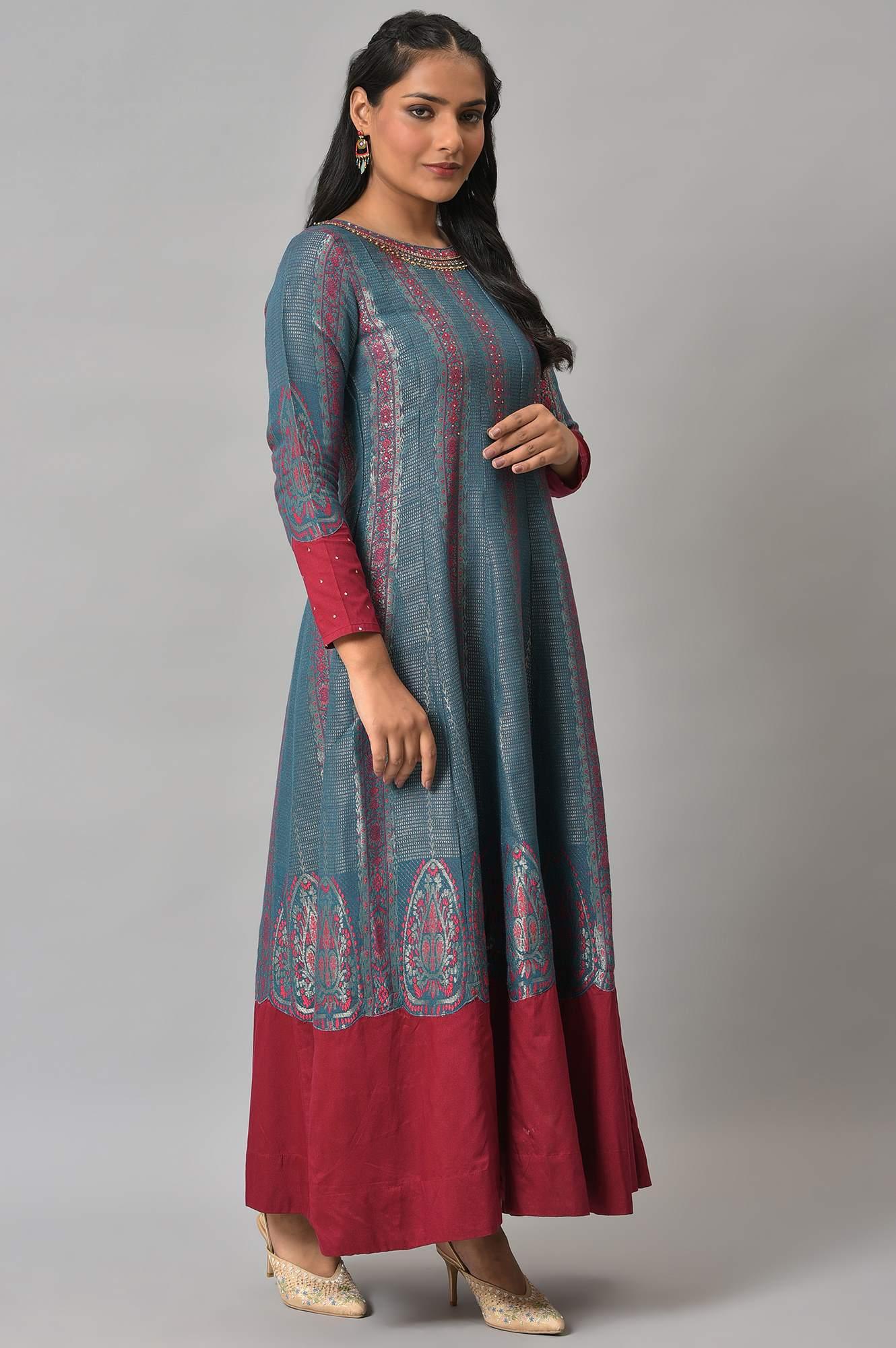 Teal And Pink Panelled Festive Winter Dress - Image 4