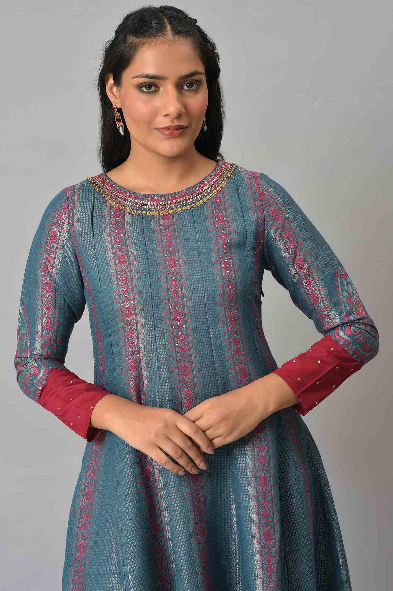Teal And Pink Panelled Festive Winter Dress - Image 5