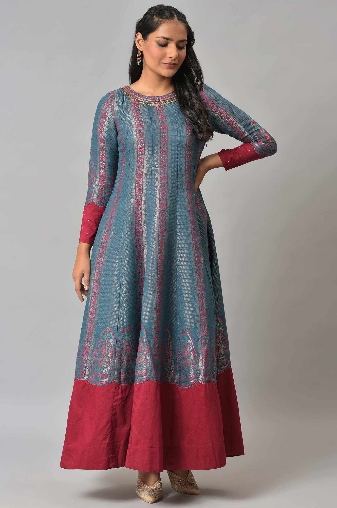 Teal And Pink Panelled Festive Winter Dress - Image 6