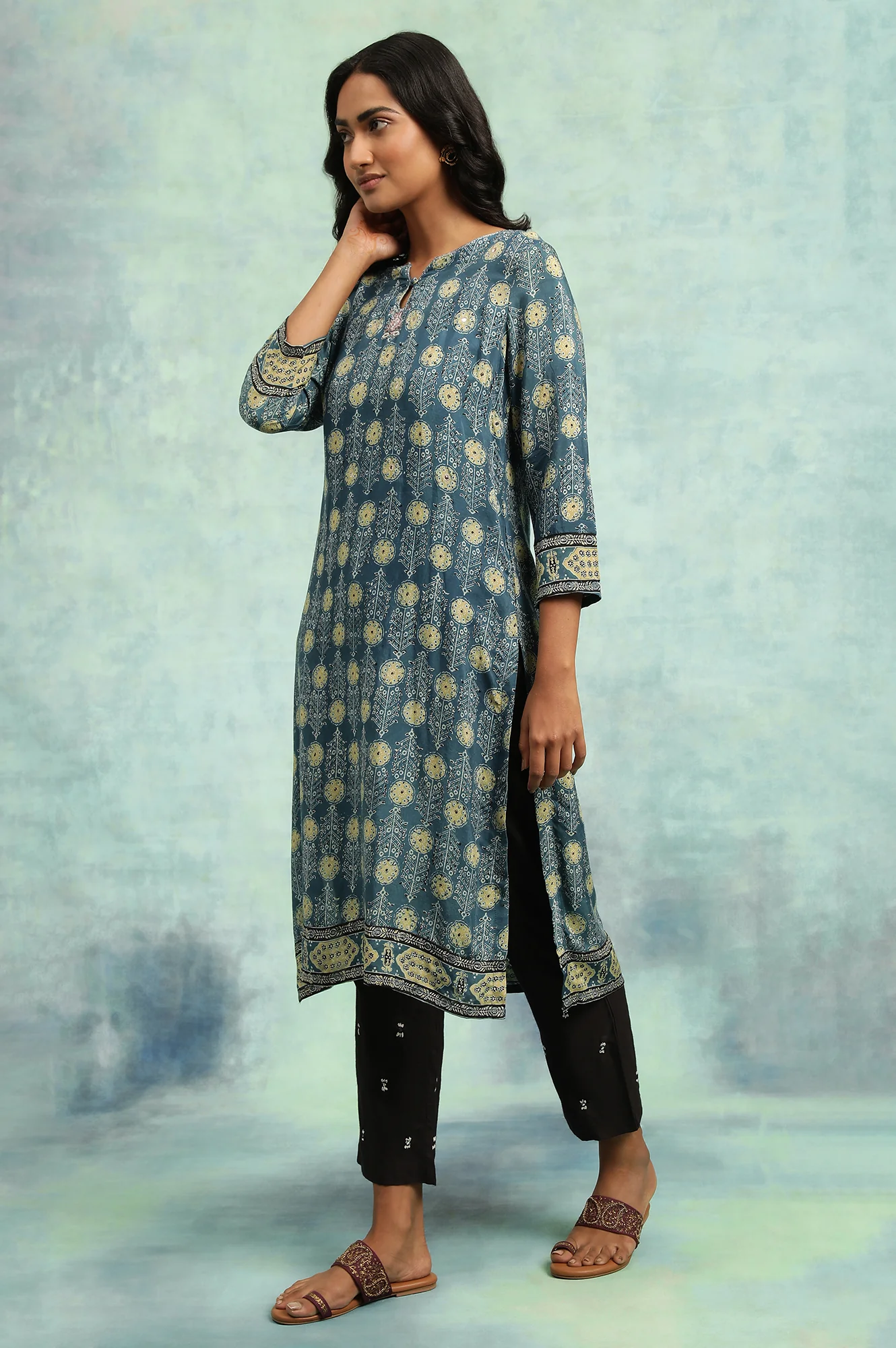 Teal Blue Ajrakh Print kurta - Image 3