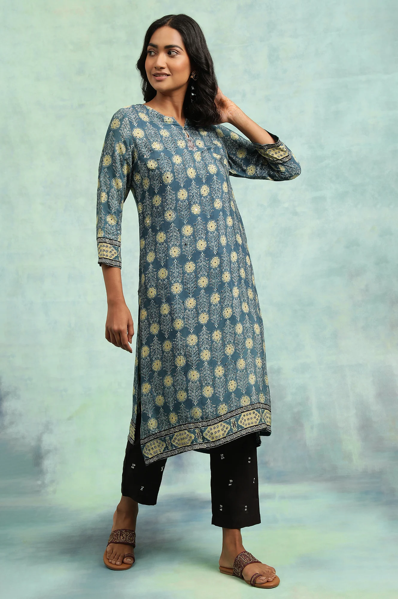 Teal Blue Ajrakh Print kurta - Image 4