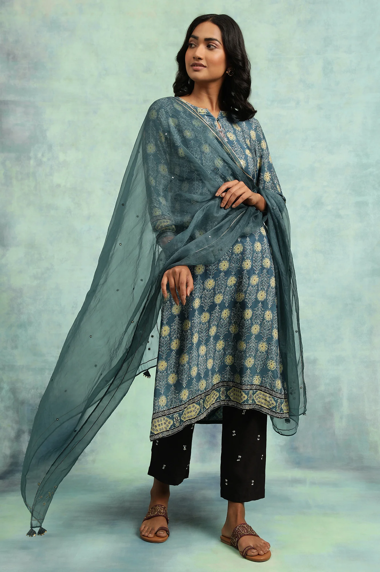 Teal Blue Ajrakh Print kurta - Image 5