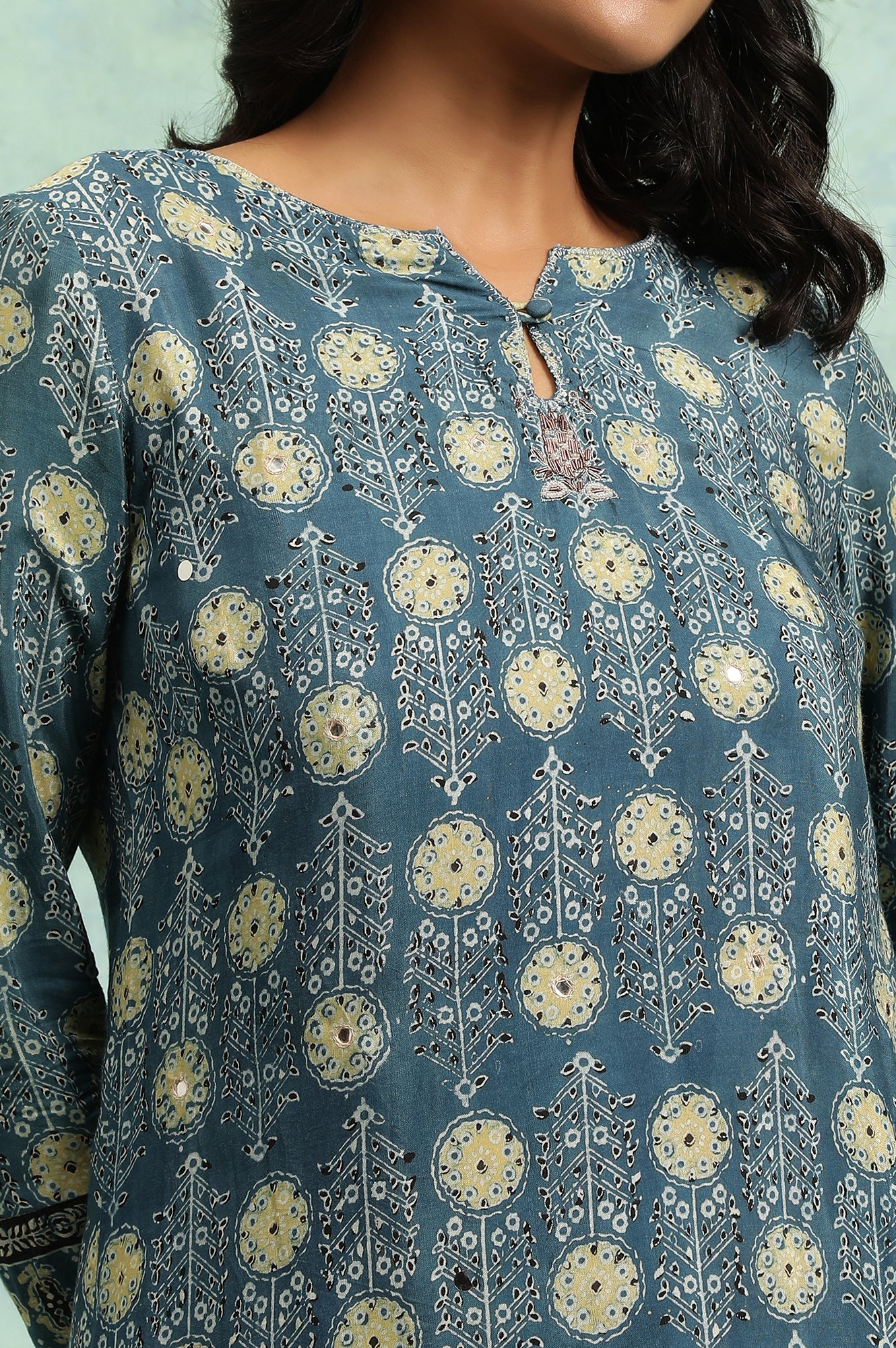 Teal Blue Ajrakh Print kurta - Image 6