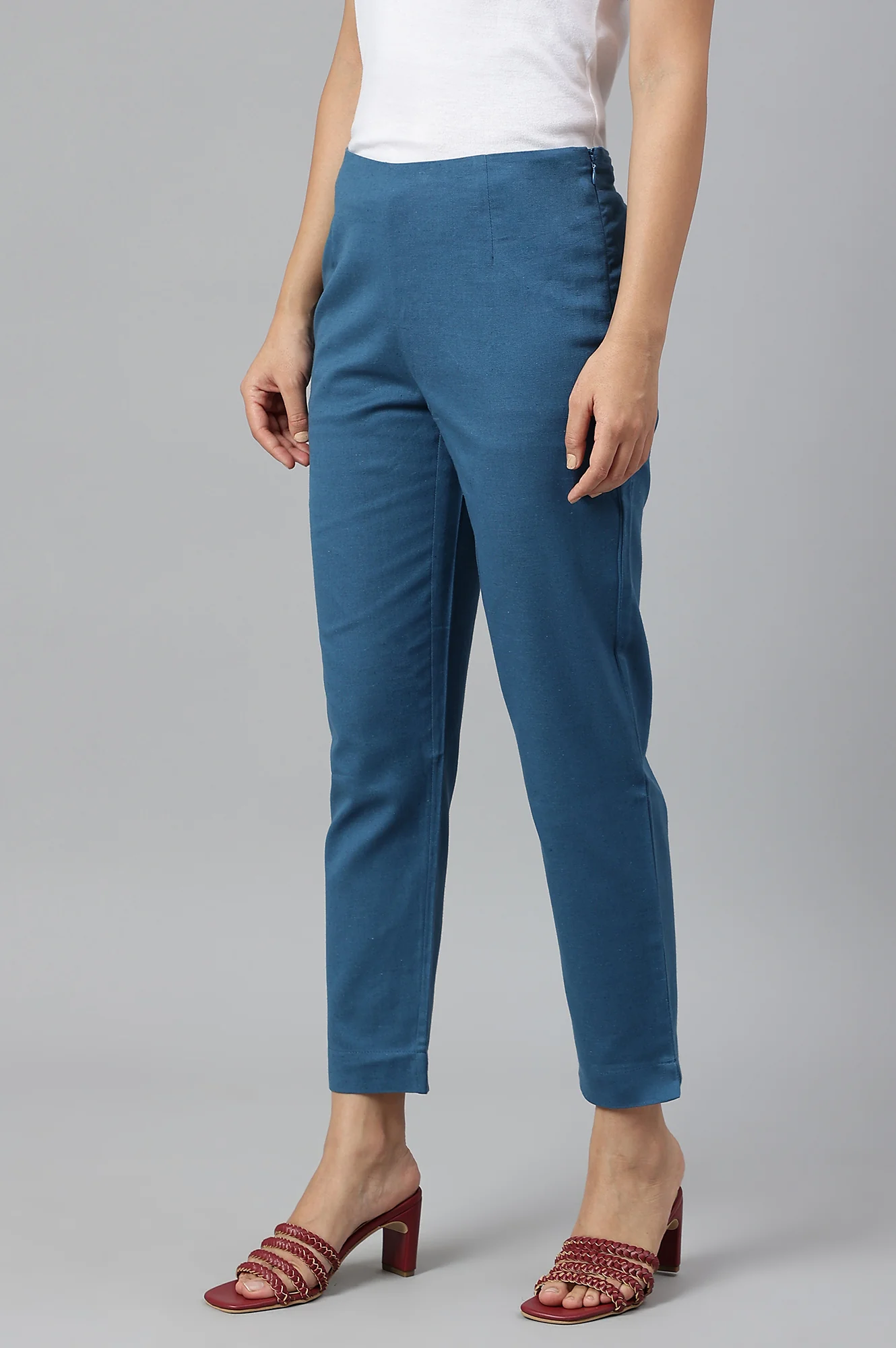 Teal Blue Cotton Blend Slim Pants - Image 2
