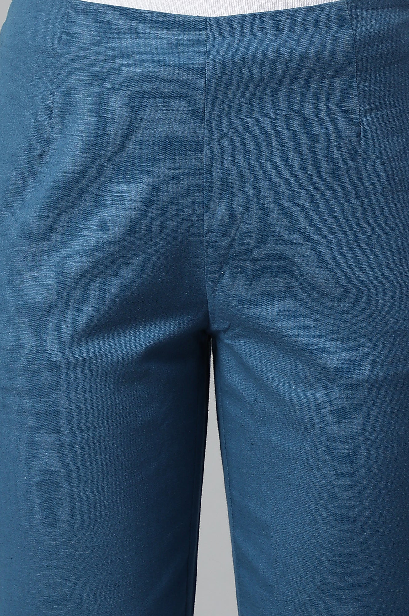 Teal Blue Cotton Blend Slim Pants - Image 8