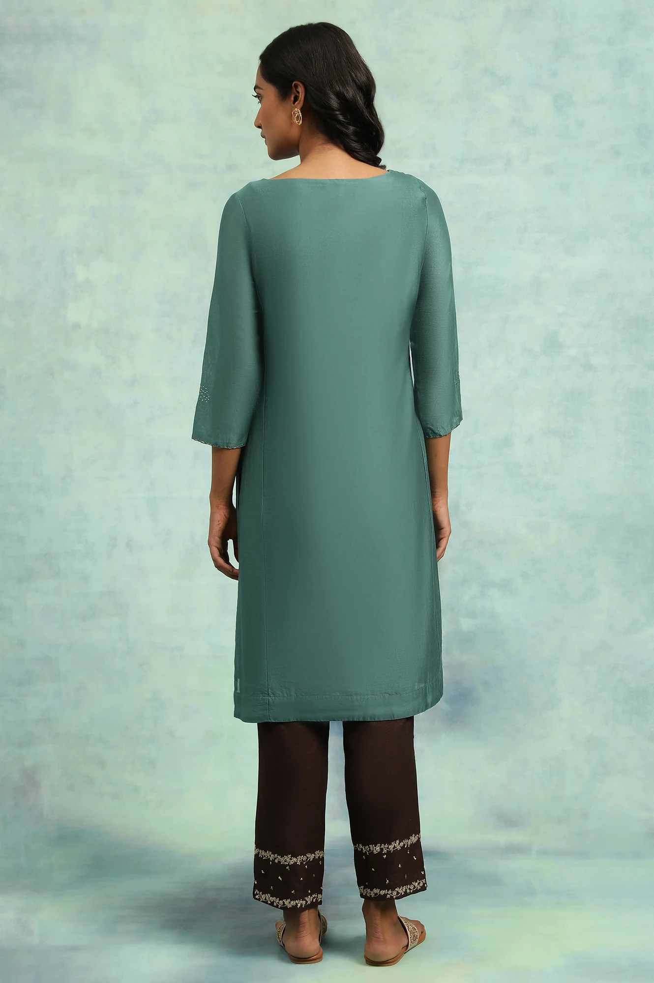 Teal Blue Cotton Silk Mukaish kurta - Image 2
