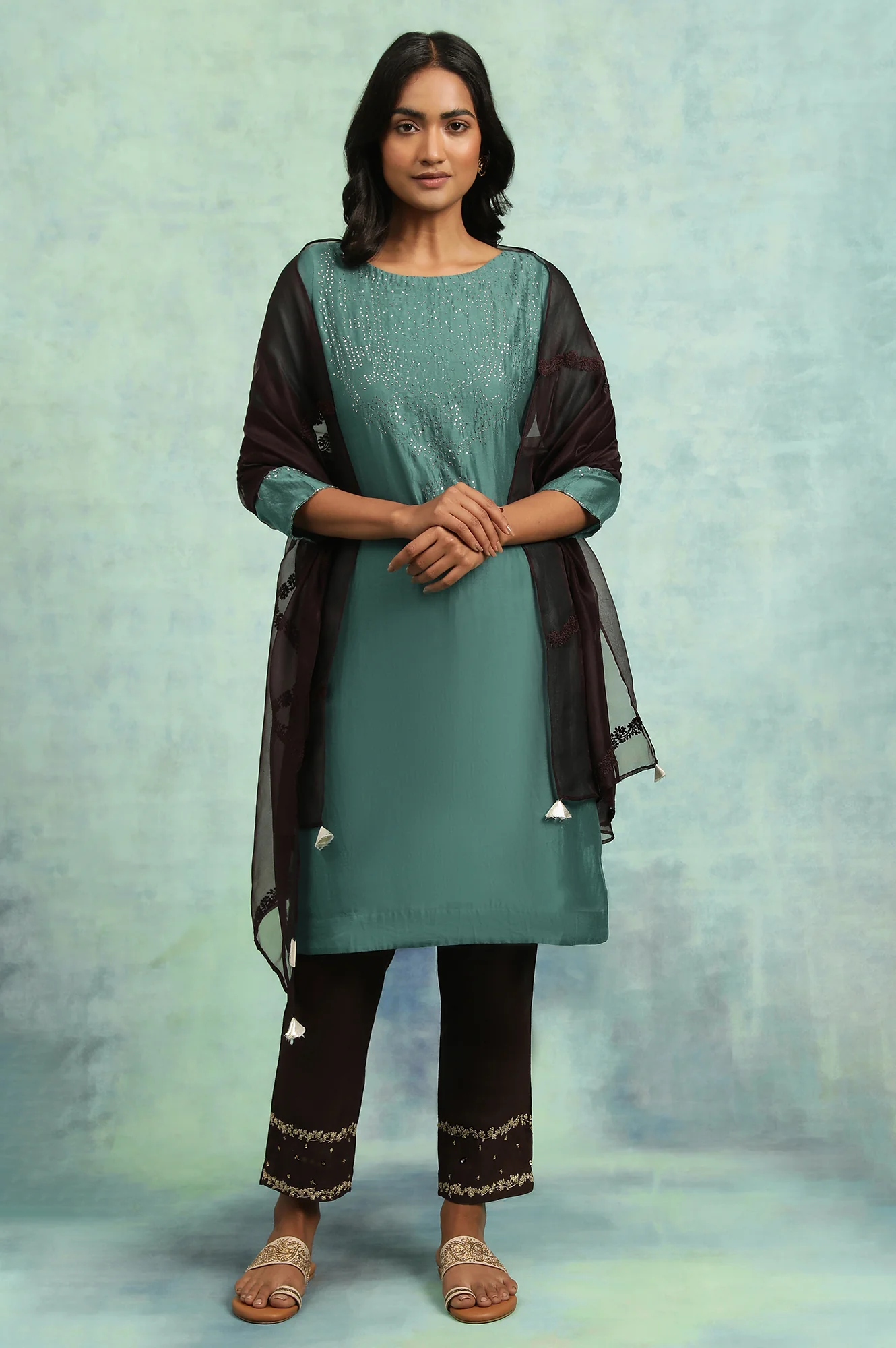 Teal Blue Cotton Silk Mukaish kurta - Image 5