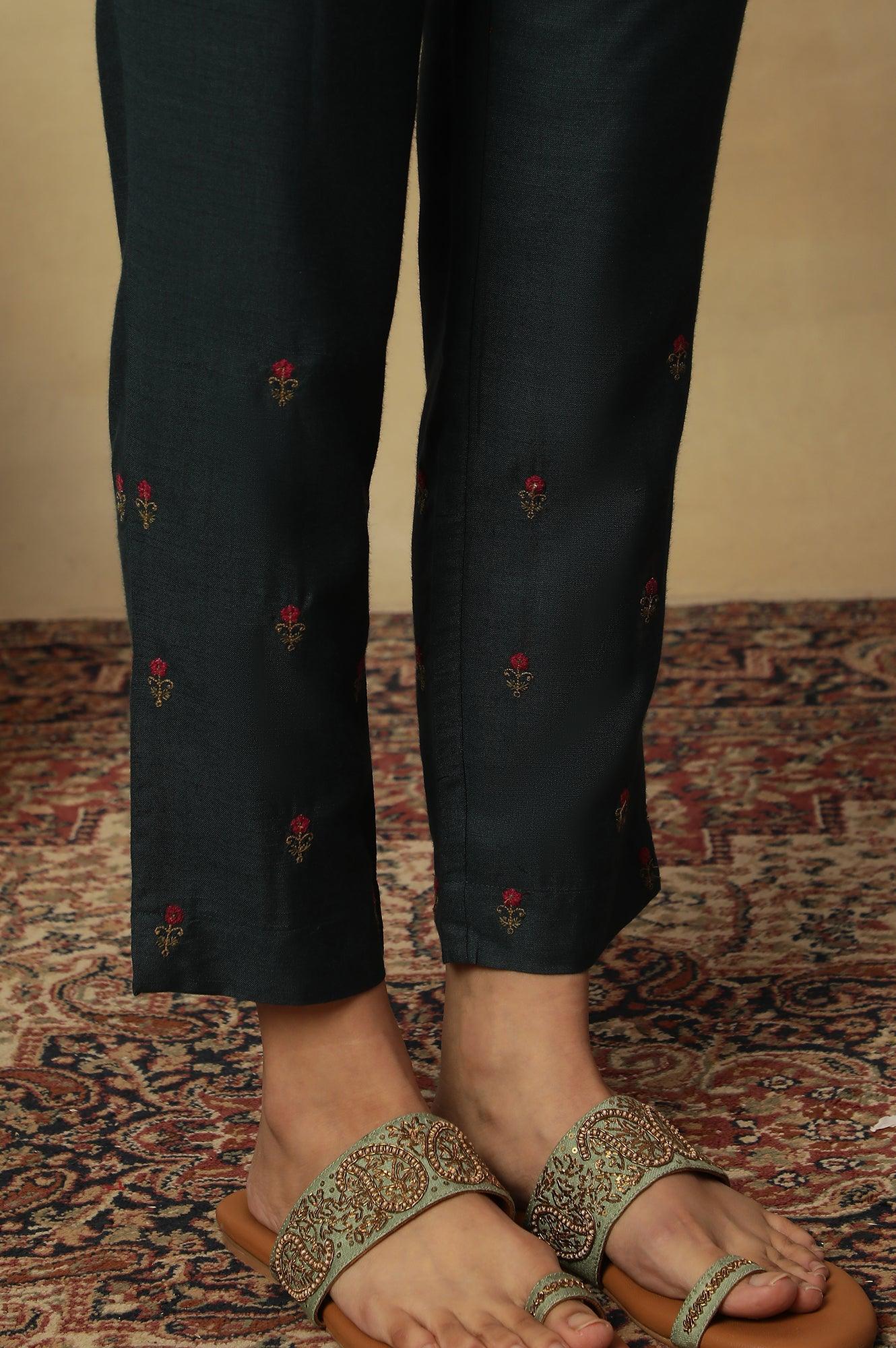 Teal Blue Embroidered Slim Pants - Image 7