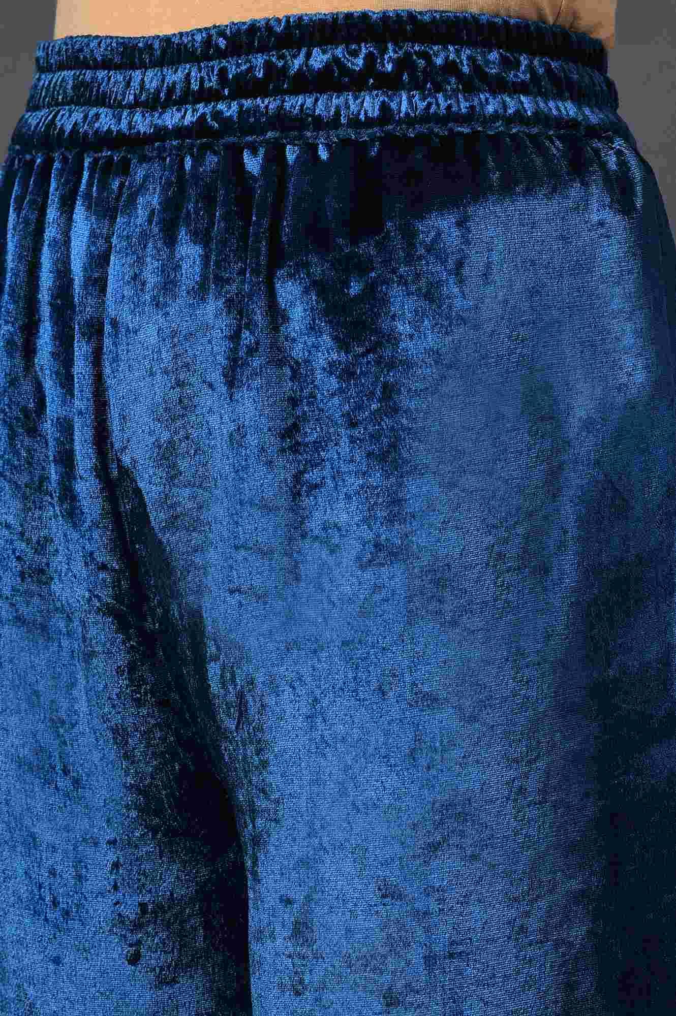 Teal Blue Embroidered Velvet kurta With Straight Pants - Image 7