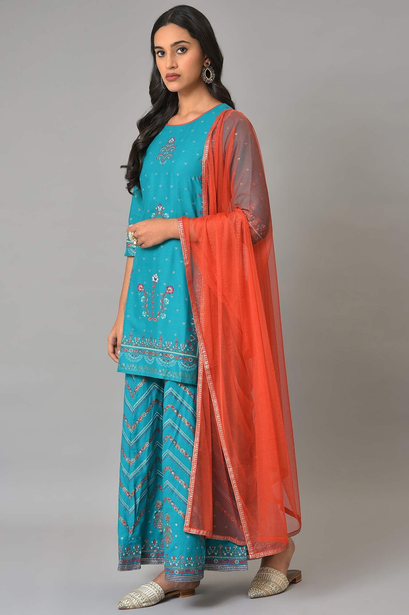 Teal Blue Festive kurta With Sharara And Orange Mesh Dupatta - Image 3